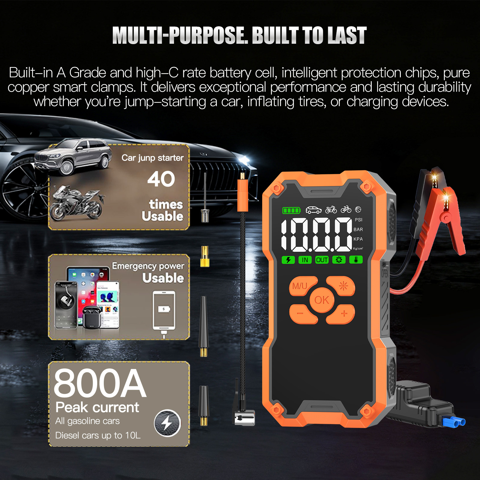 Multi-Function Jump Starter Air Pump 12V High-Capacity Portable Power Pack Auto Shut-Off LCD Screen for Truck/Motorcycle Tire