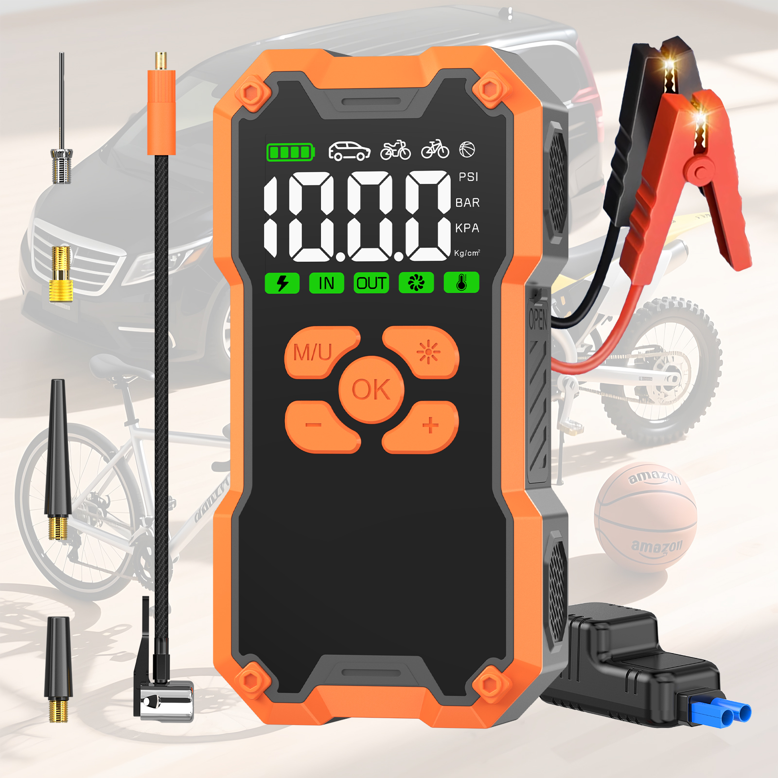 Multi-Function Jump Starter Air Pump 12V High-Capacity Portable Power Pack Auto Shut-Off LCD Screen for Truck/Motorcycle Tire