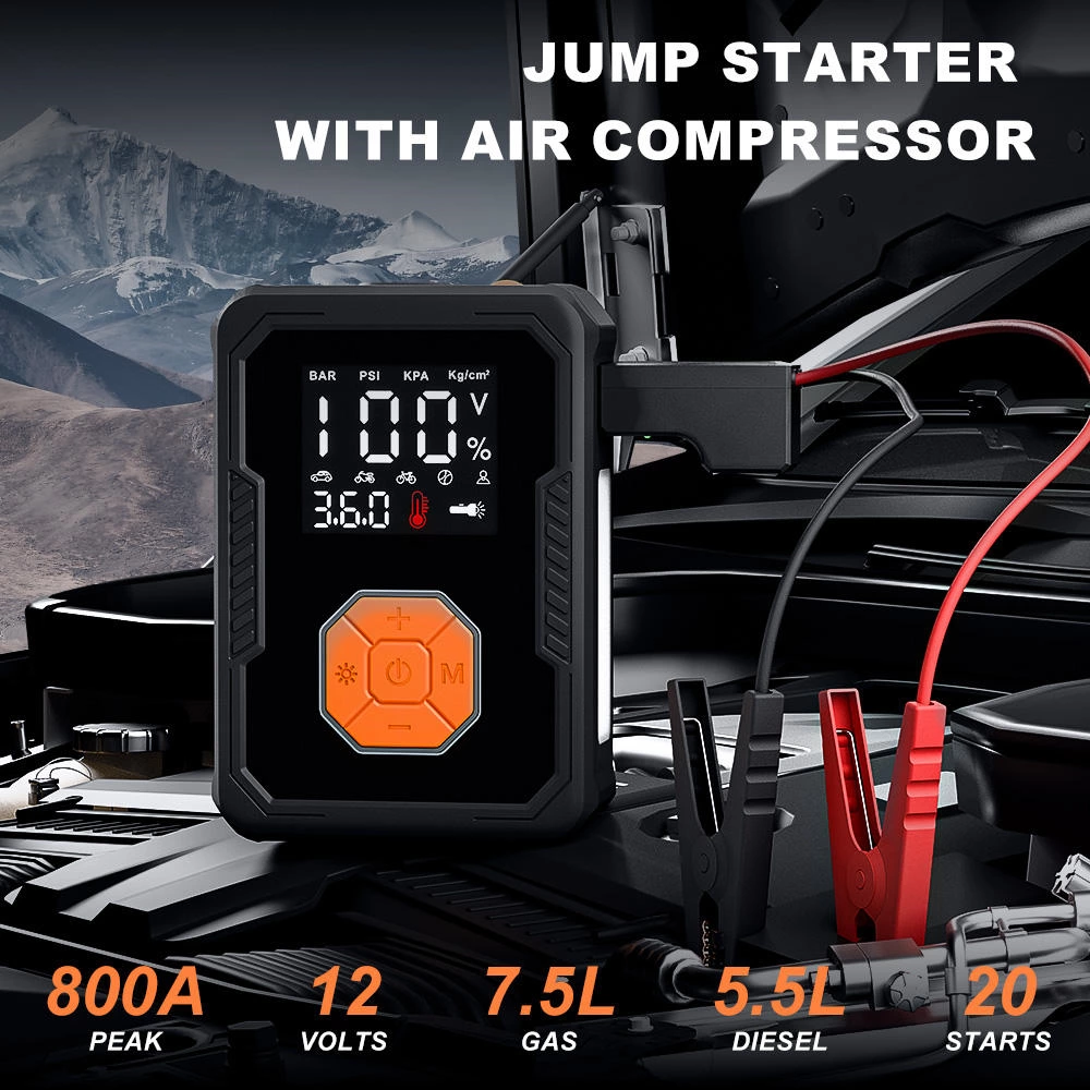 Jump Starter Air Compressor Portable 800A-2000A 150PSI Lithium Polymer Battery Jumper Starter 12V Motorcycle Car Smart Jumper