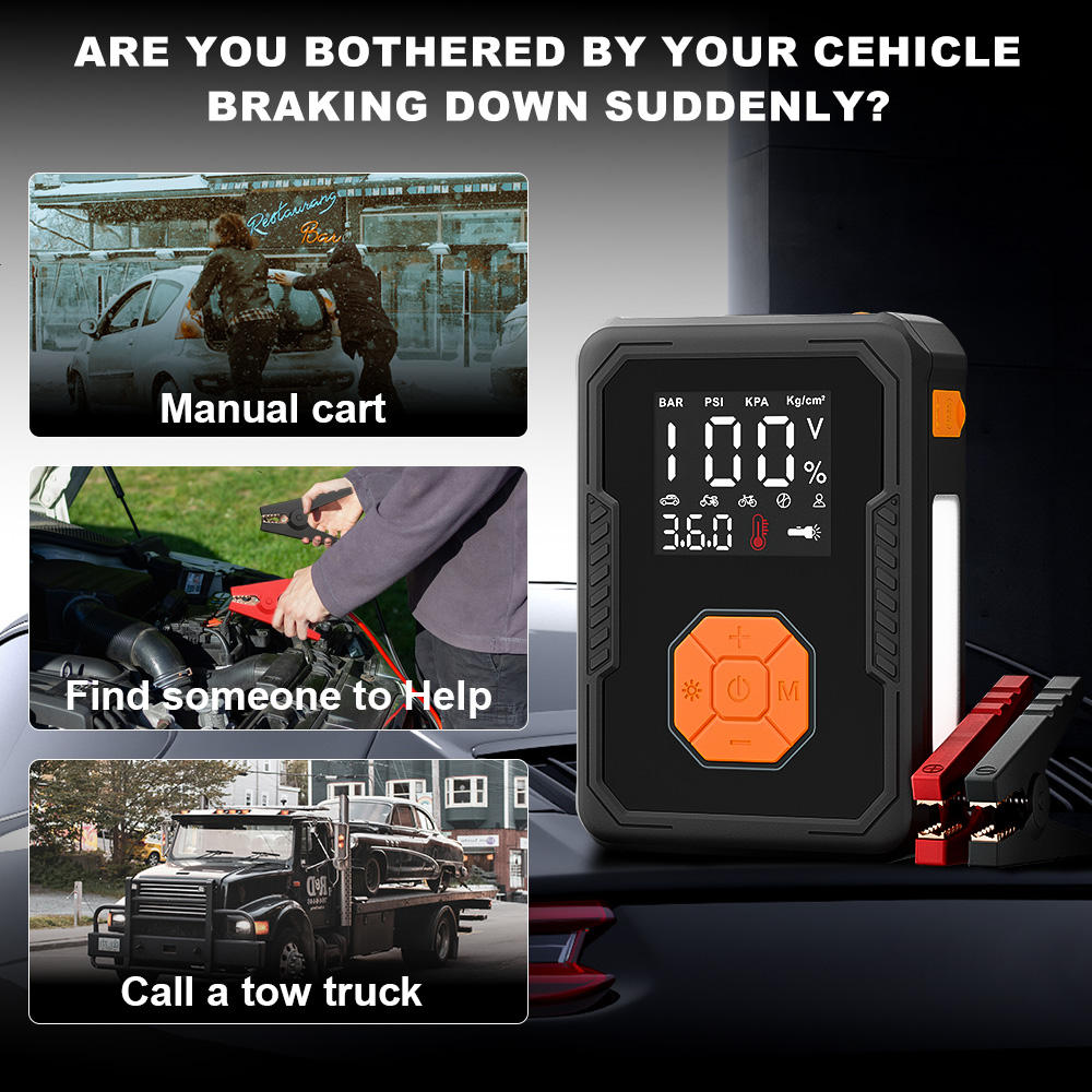 Jump Starter Air Compressor Portable 800A-2000A 150PSI Lithium Polymer Battery Jumper Starter 12V Motorcycle Car Smart Jumper