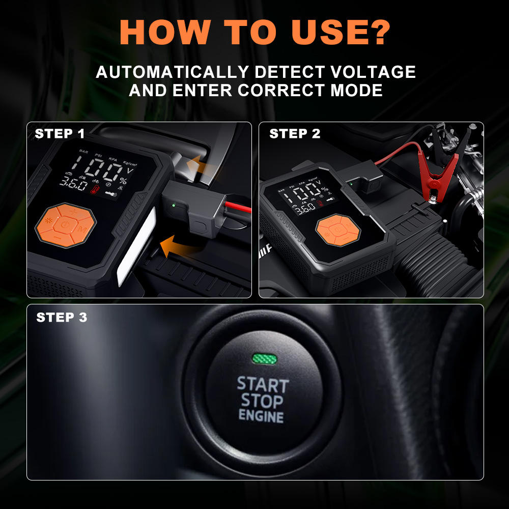 Jump Starter Air Compressor Portable 800A-2000A 150PSI Lithium Polymer Battery Jumper Starter 12V Motorcycle Car Smart Jumper