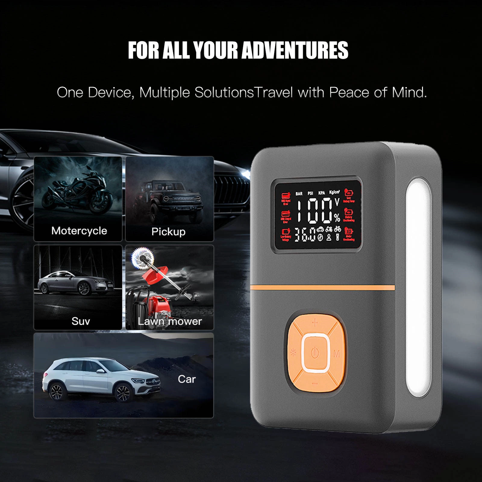Vehicle Jump Starter Tire Inflator Smart Air Pump Power Bank 1200A Peak Current