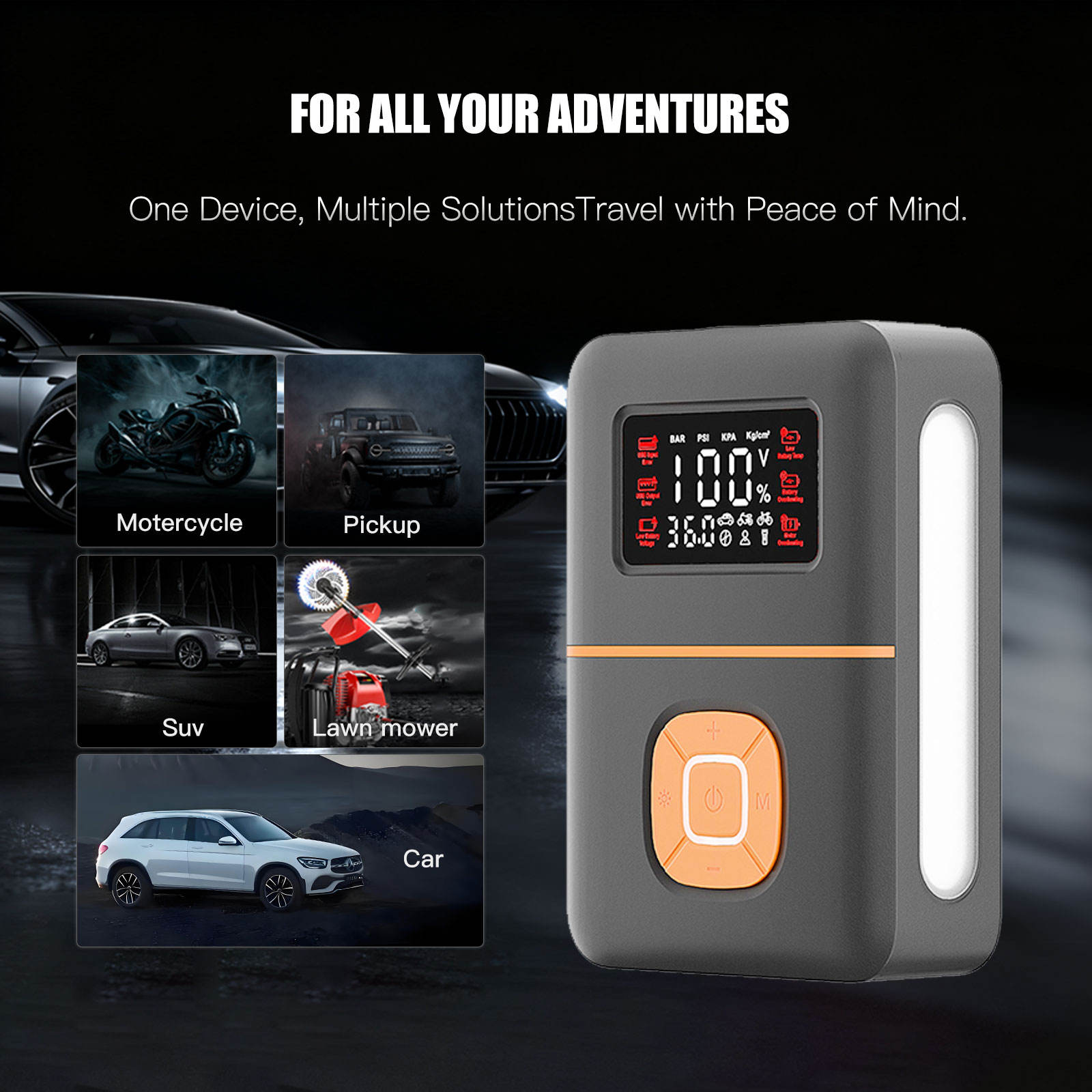 Vehicle Jump Starter Tire Inflator Smart Air Pump Power Bank 1200A Peak Current