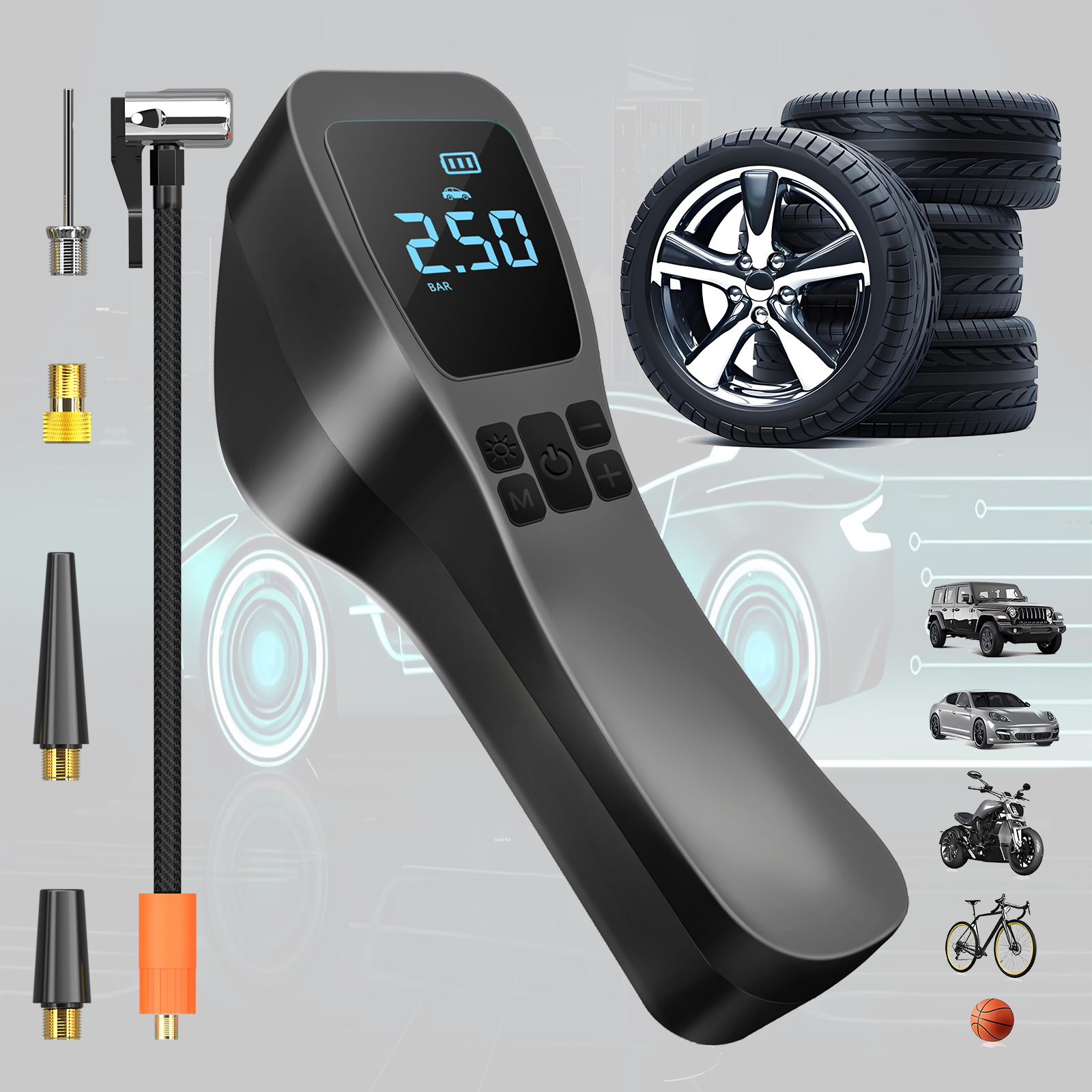 Digital Tire Inflator Kit with LCD Display Fast Shut off Portable Wireless Air Pump for Car Tires & Bicycle