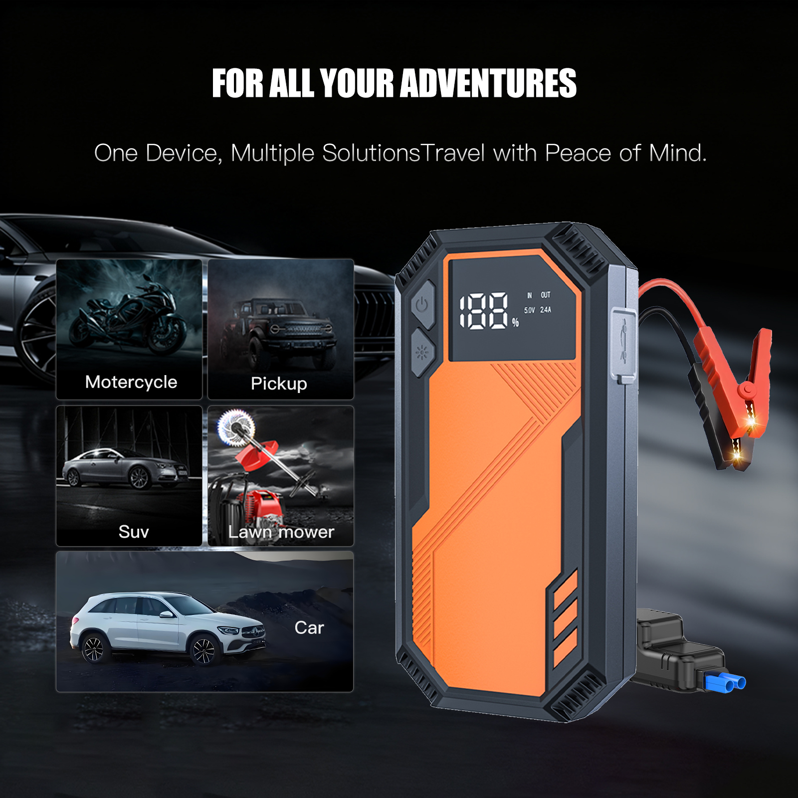 12V Booster Jump Starter Power Bank Tire Inflator SOS Light 800-1200A Peak Current for Car Truck Emergency Start Roadside