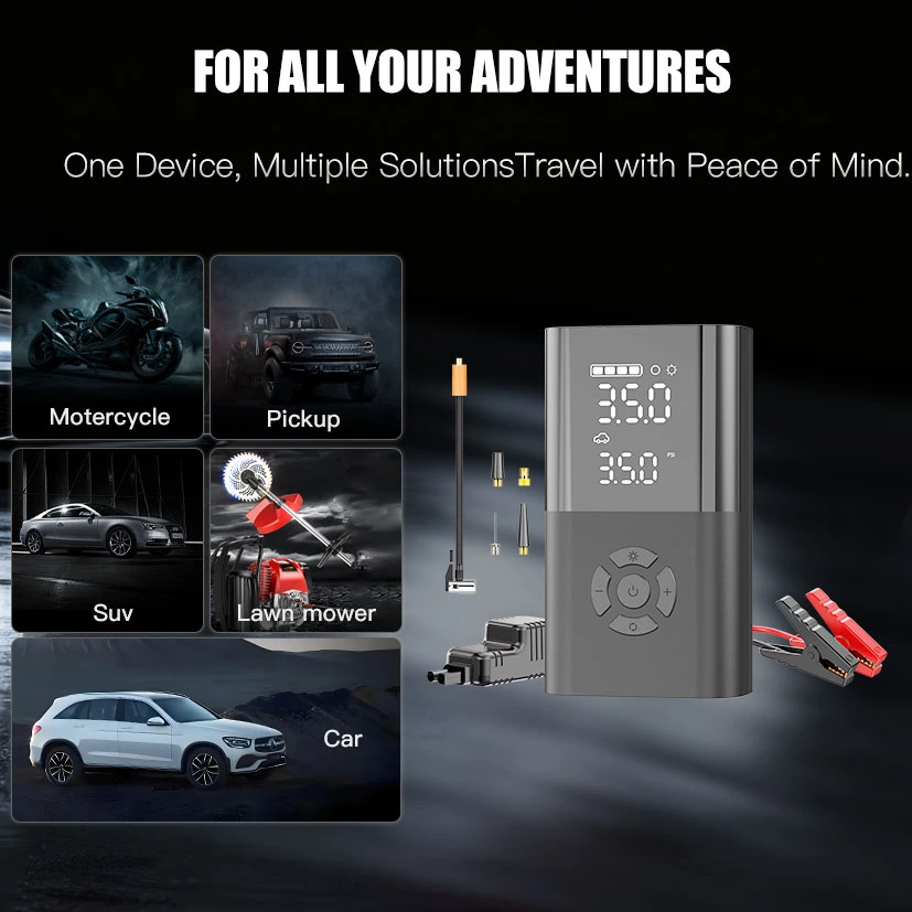 12v/24v Vehicle Car Booster Jump Starter Cordless Tire Inflator Air Compressor Digital Pressure Display 150 PSI LED Lights