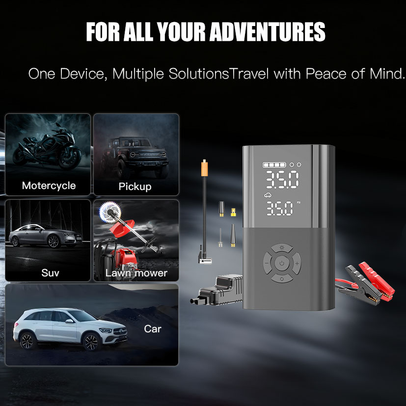 12v/24v Vehicle Car Booster Jump Starter Cordless Tire Inflator Air Compressor Digital Pressure Display 150 PSI LED Lights