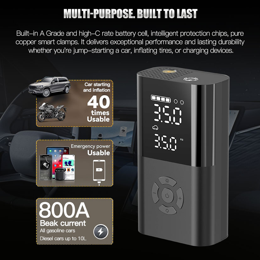 12v/24v Vehicle Car Booster Jump Starter Cordless Tire Inflator Air Compressor Digital Pressure Display 150 PSI LED Lights