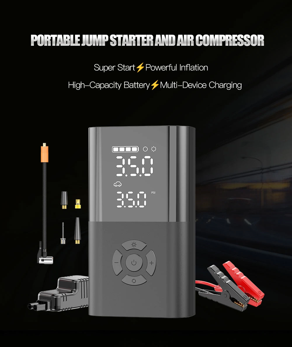 12v/24v Vehicle Car Booster Jump Starter Cordless Tire Inflator Air Compressor Digital Pressure Display 150 PSI LED Lights