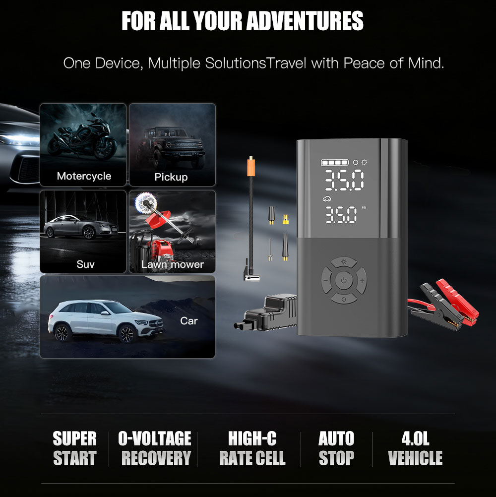 12v/24v Vehicle Car Booster Jump Starter Cordless Tire Inflator Air Compressor Digital Pressure Display 150 PSI LED Lights