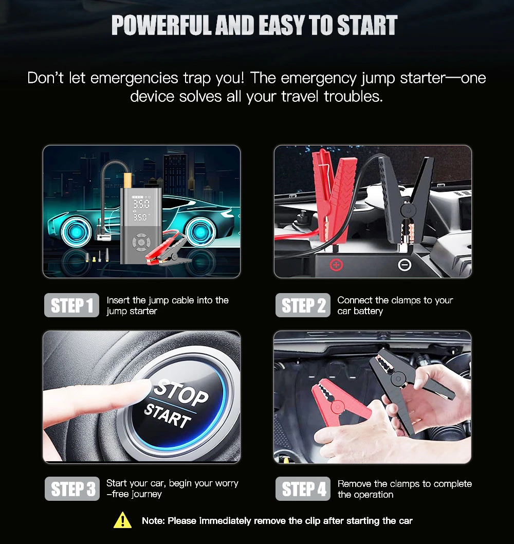 12v/24v Vehicle Car Booster Jump Starter Cordless Tire Inflator Air Compressor Digital Pressure Display 150 PSI LED Lights