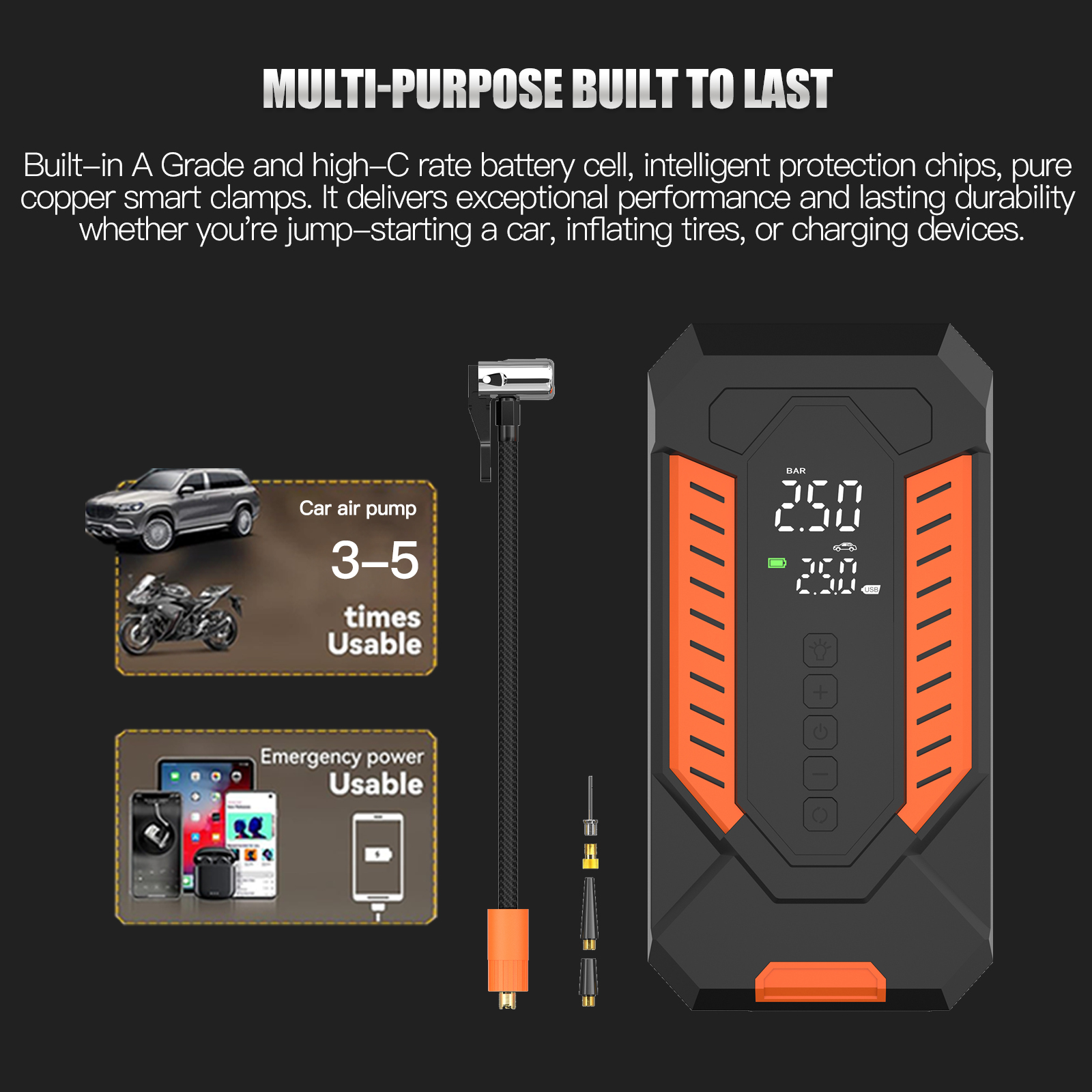 Automatic Stop ABS Tire Inflator for Car Motorcycle Wireless Electric Air Pump Digital PSI Gauge Power Bank LED Light Carry Bag