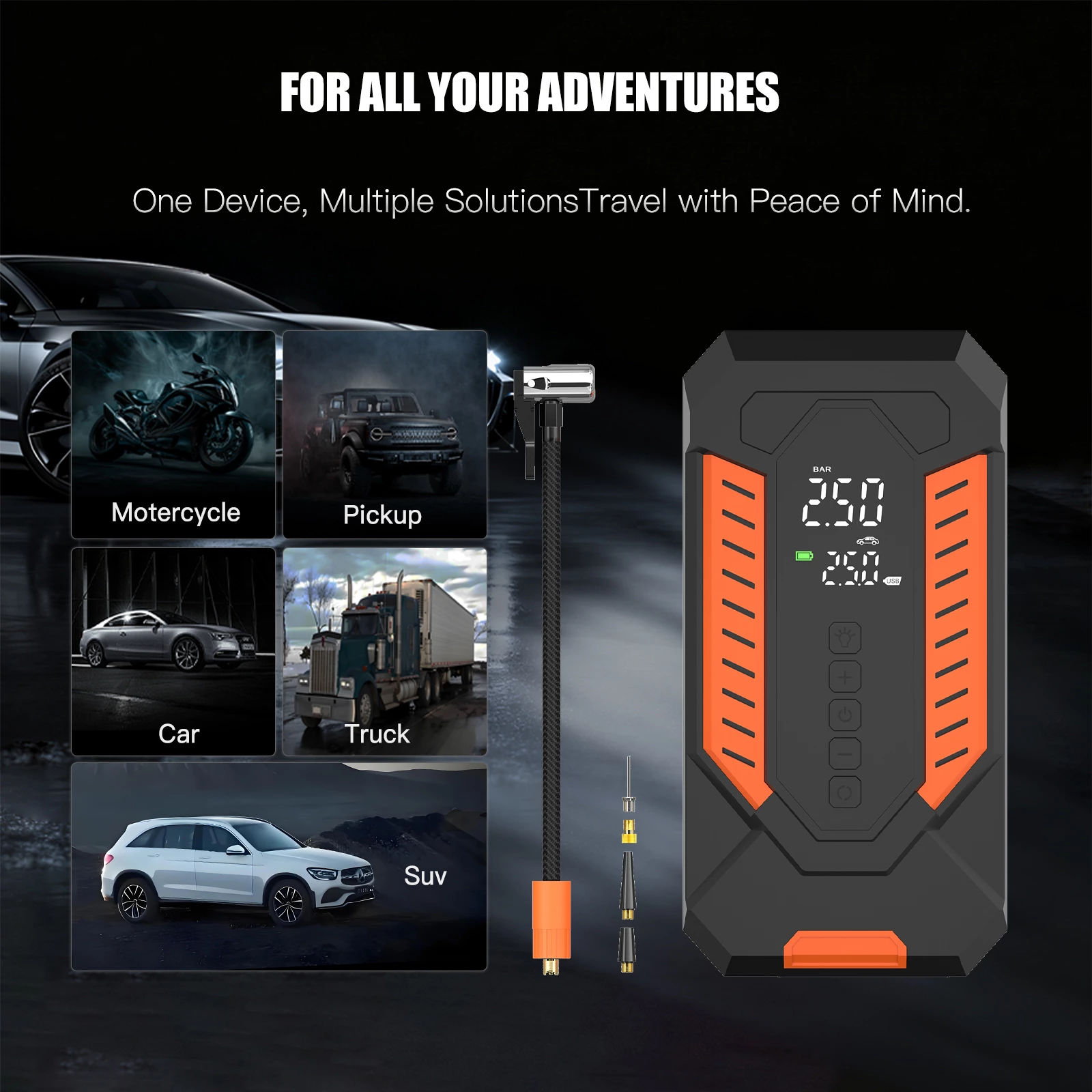 Automatic Stop ABS Tire Inflator for Car Motorcycle Wireless Electric Air Pump Digital PSI Gauge Power Bank LED Light Carry Bag