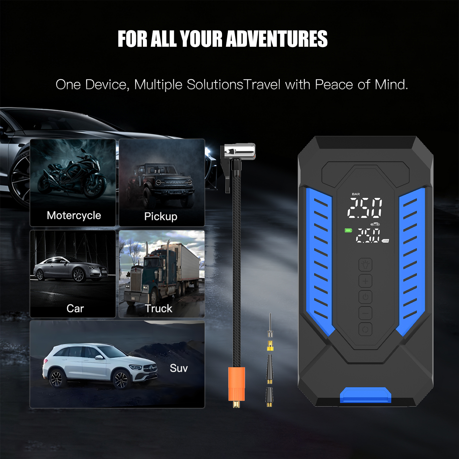 150PSI Heavy Duty Air Compressor for Car Tires, Features Auto Stop, Digital Gauge & LED Light for Emergency Use