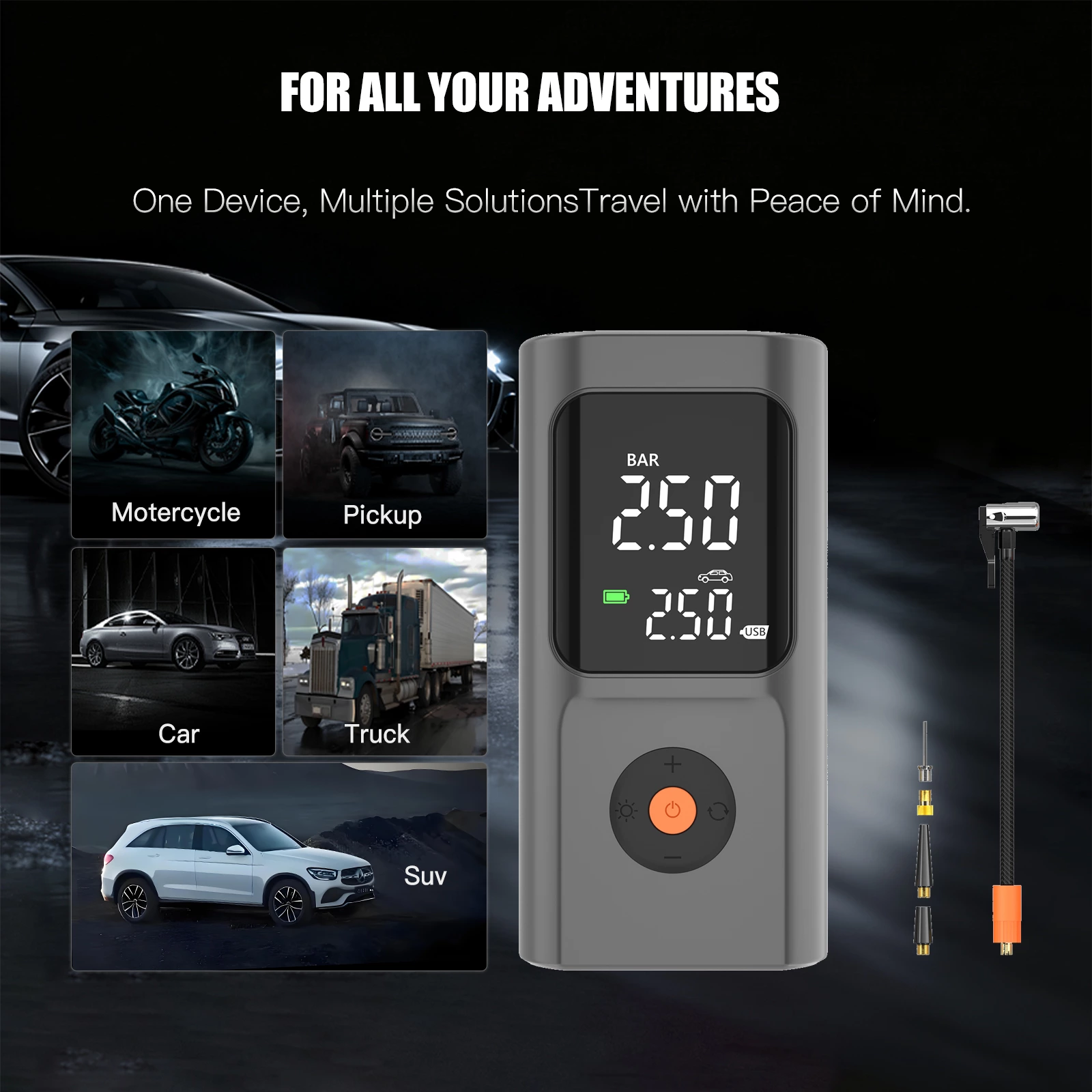 Multifunction Smart Cordless Air Pump with Power Bank LED Light for Car Bike Ball Sports Equipment Compact 150PSI Tire Inflator