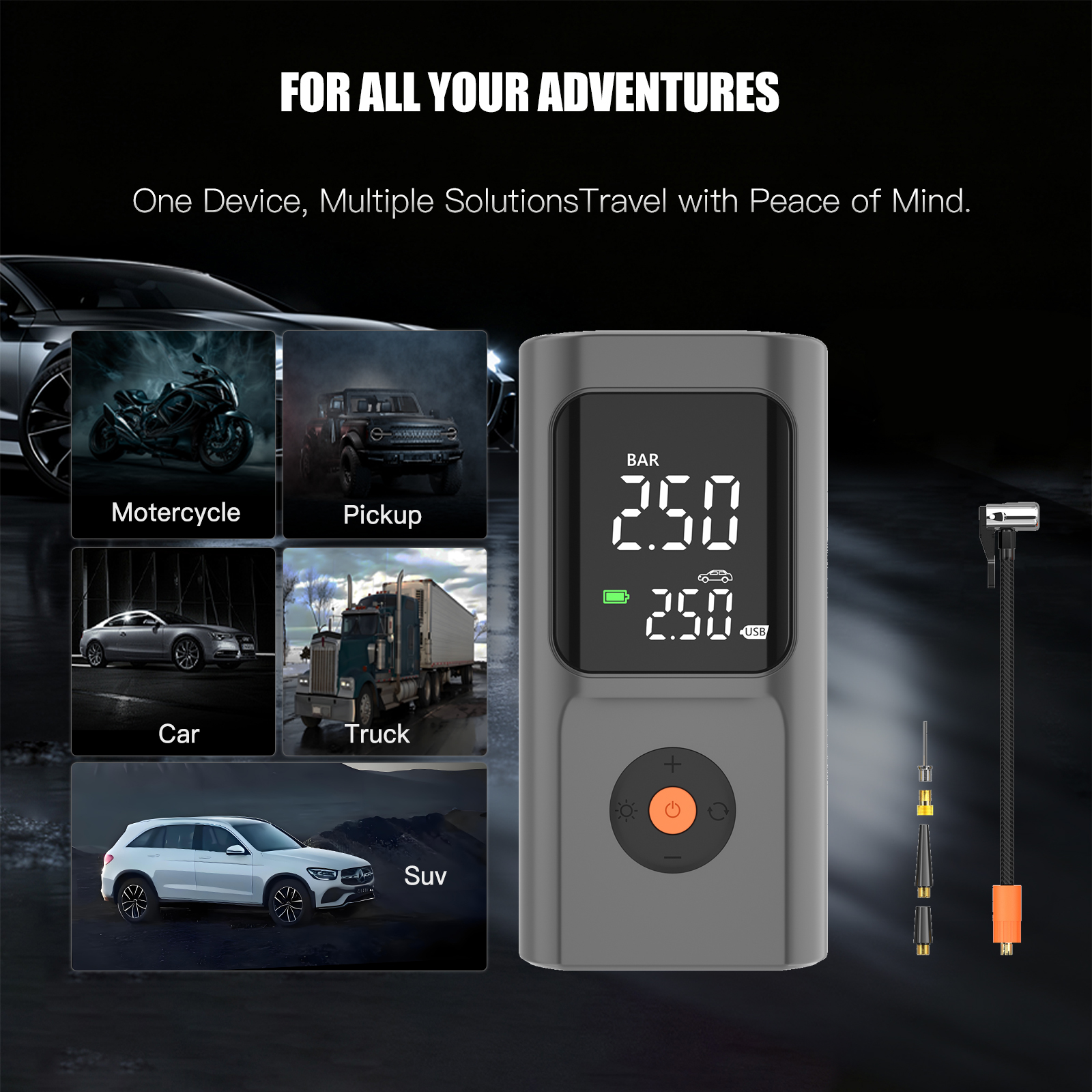 Multifunction Smart Cordless Air Pump with Power Bank LED Light for Car Bike Ball Sports Equipment Compact 150PSI Tire Inflator