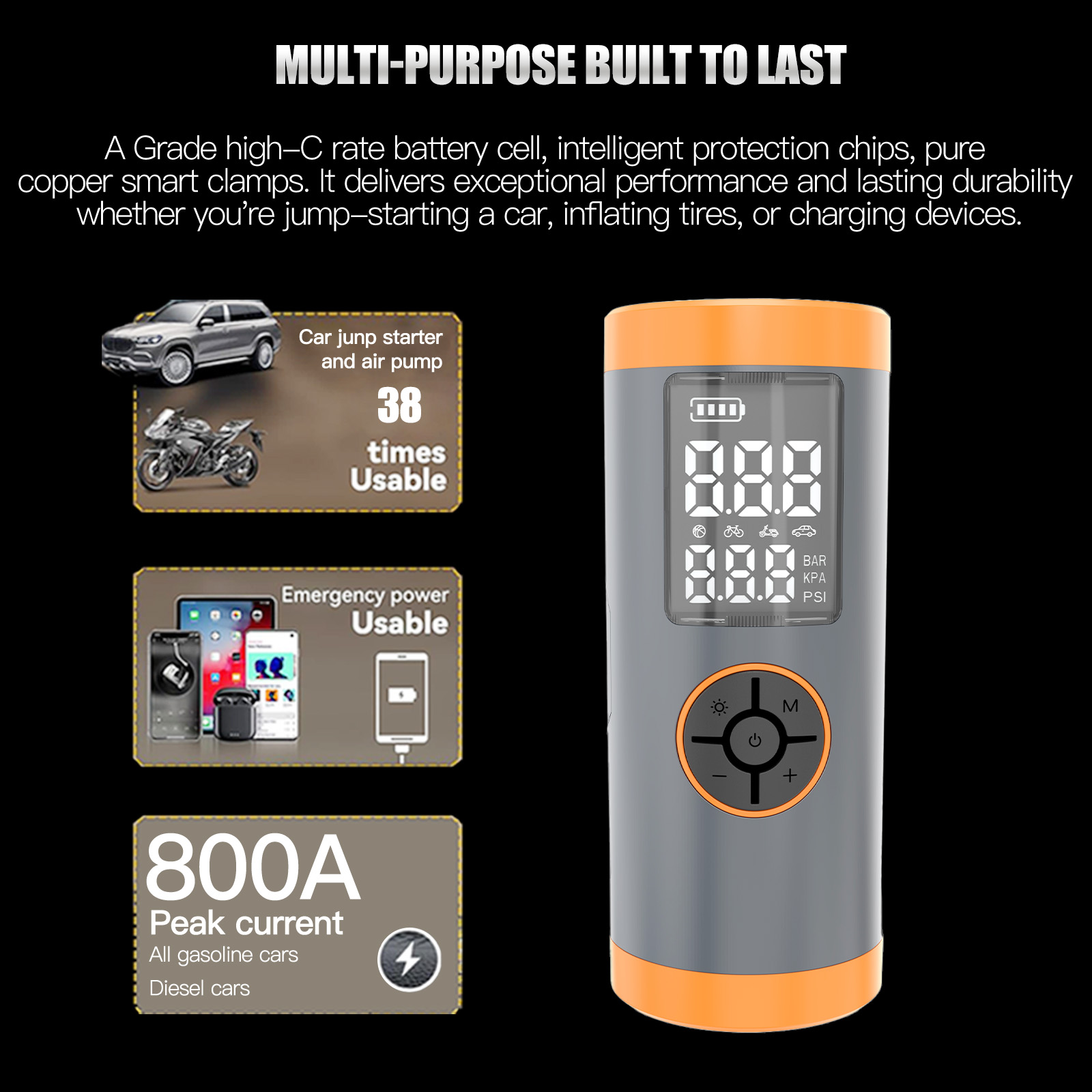 Single Cylinder Plastic Car Air Compressor LCD Digital Gauge Inflator Pump Power Bank LED Light Automatic Shut-Off Fast