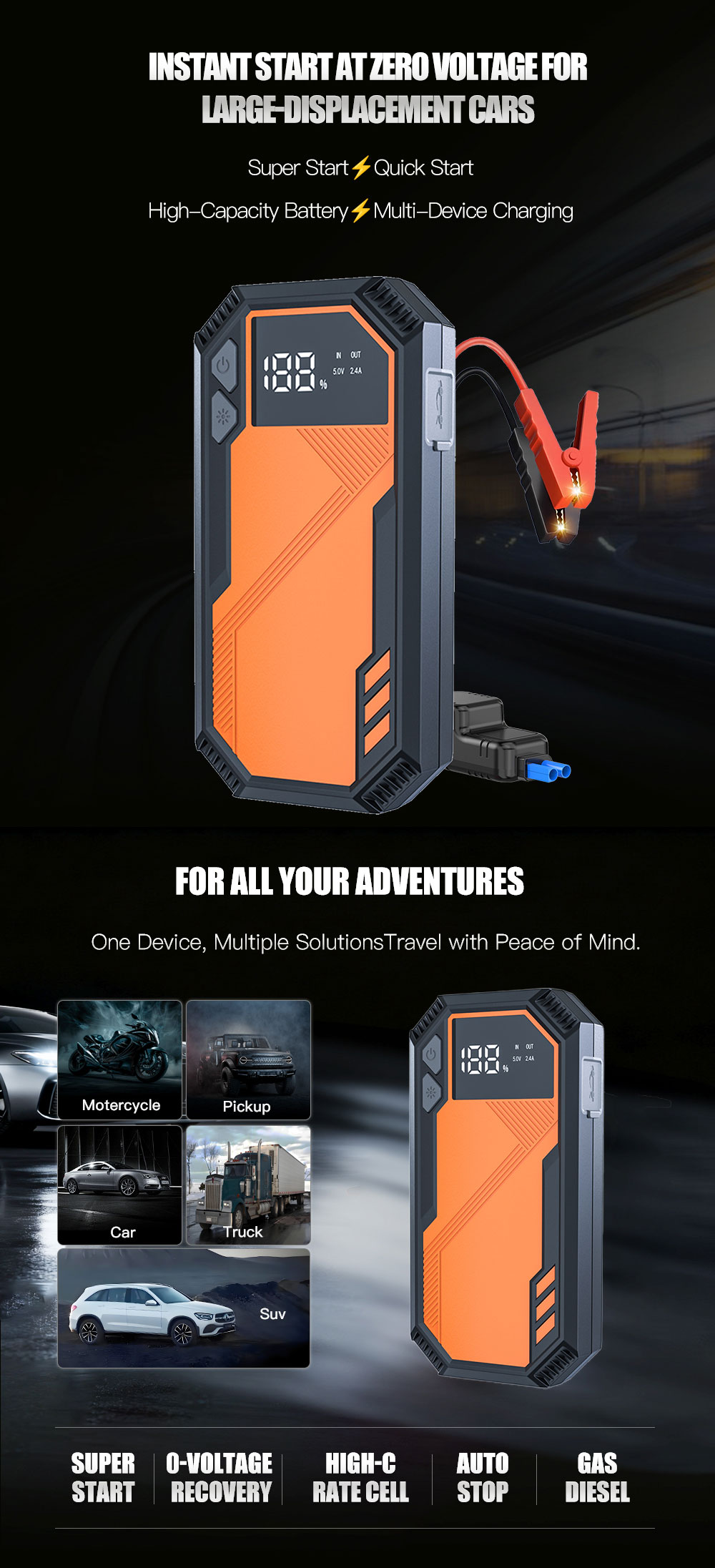 12V Booster Jump Starter Power Bank Tire Inflator SOS Light 800-1200A Peak Current for Car Truck Emergency Start Roadside