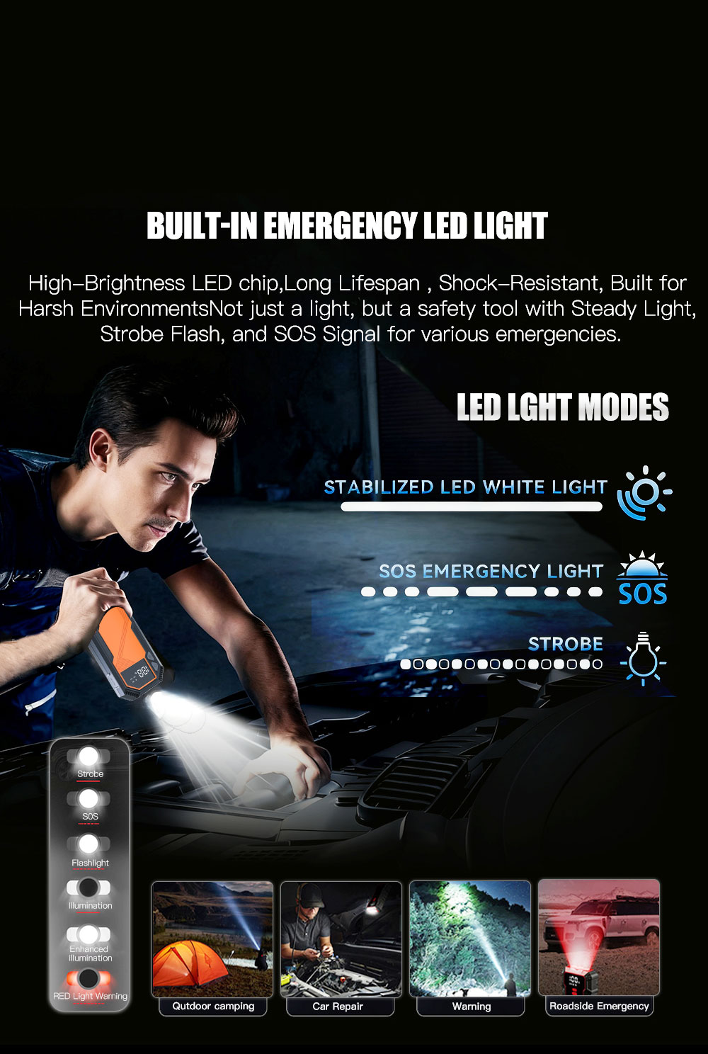 12V Booster Jump Starter Power Bank Tire Inflator SOS Light 800-1200A Peak Current for Car Truck Emergency Start Roadside