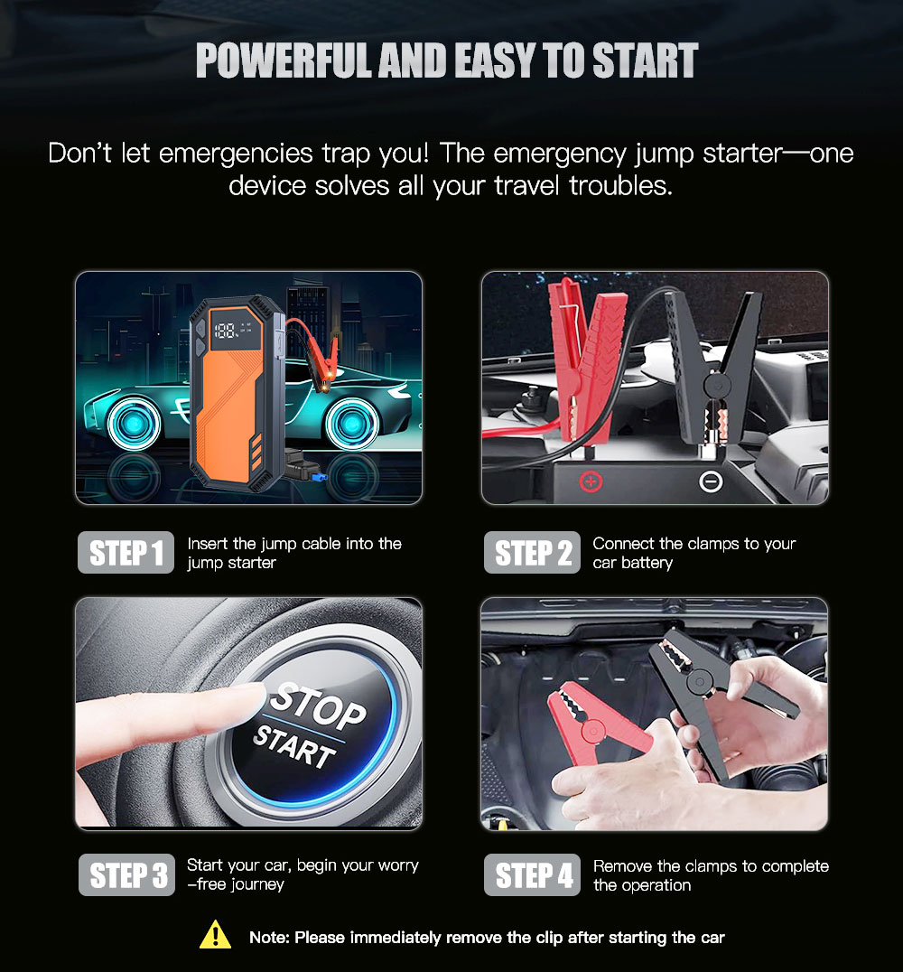 12V Booster Jump Starter Power Bank Tire Inflator SOS Light 800-1200A Peak Current for Car Truck Emergency Start Roadside