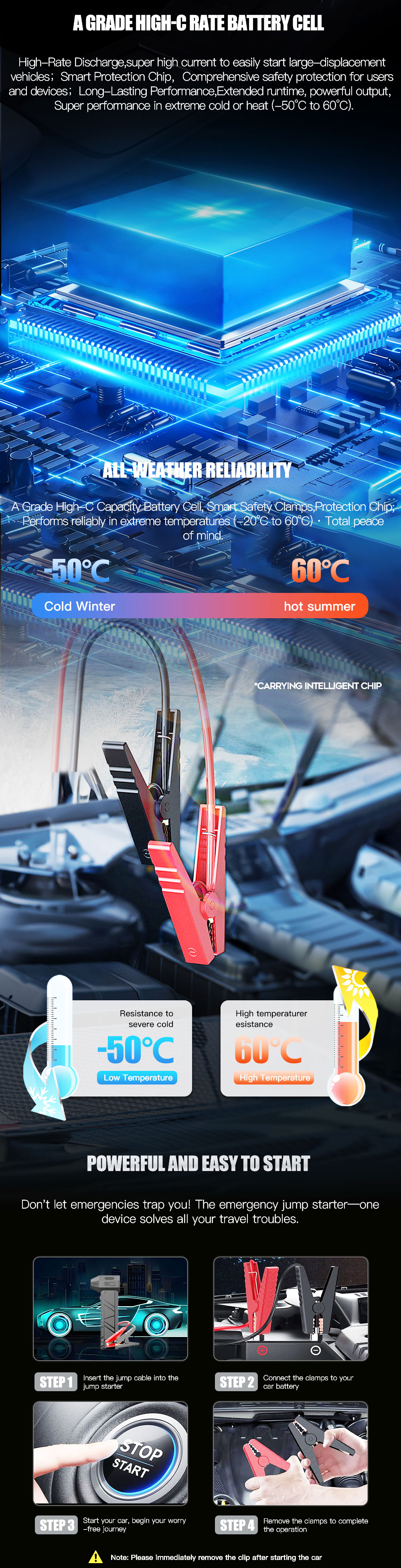 Two-way Clamps 1200A Peak Current 16000mAh Lithium Polymer Portable Car Battery Jump Starter with Violent Fan