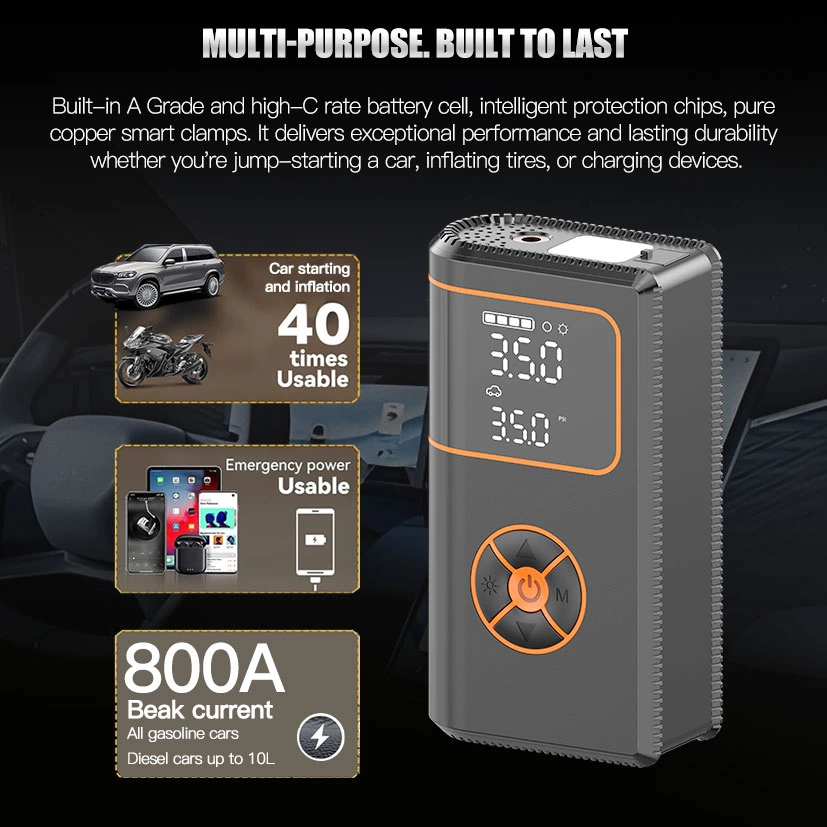 12/24V Lithium Polymer 1200A Jump Starter with SOS Light & Air Pump for Motorcycle Trucks