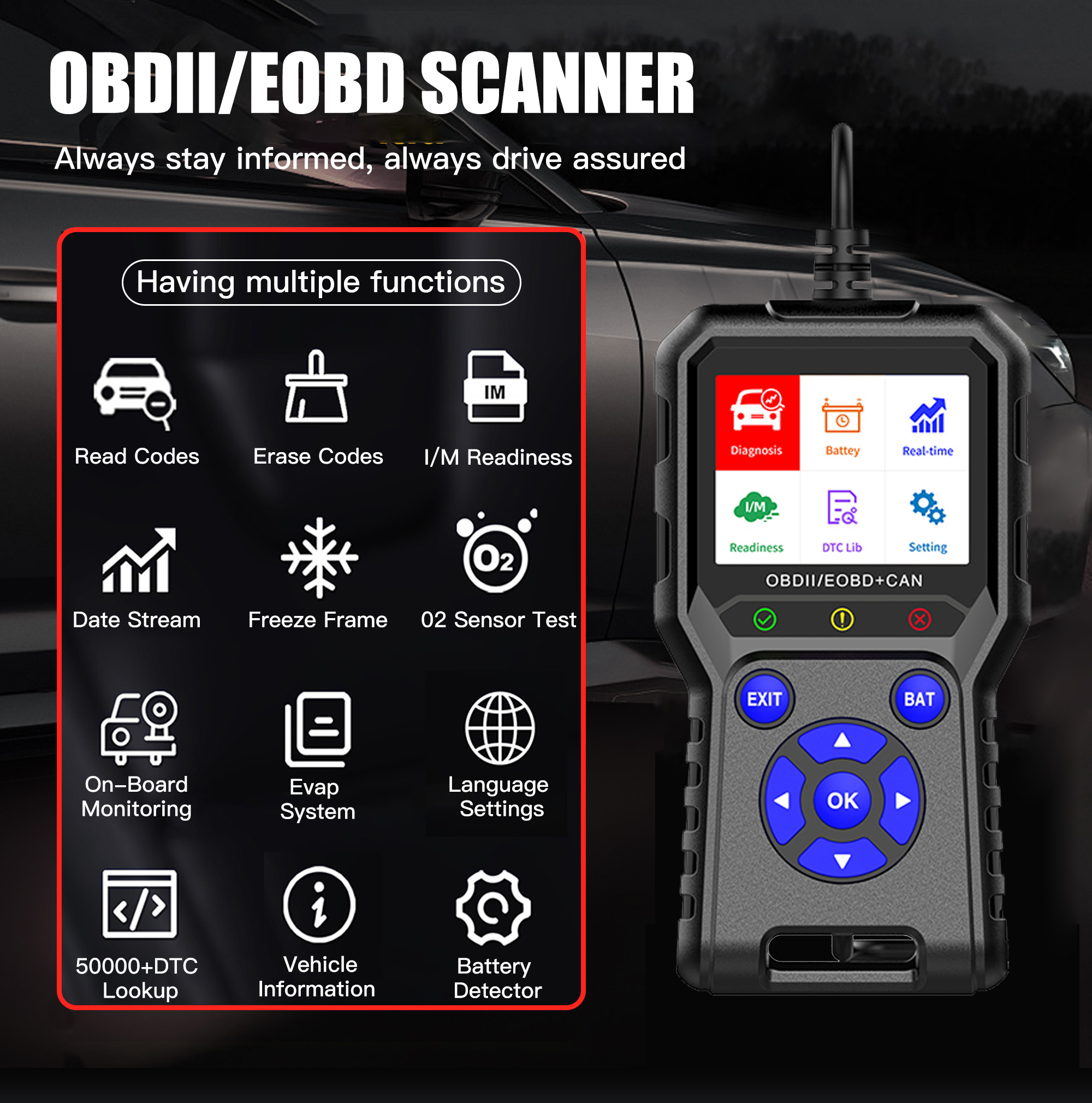 OBD2 Scanner Car Diagnostic Tool Full OBD II Universal Vehicle Fault Scan Code Reader Check Engine Light with DTC Lookup