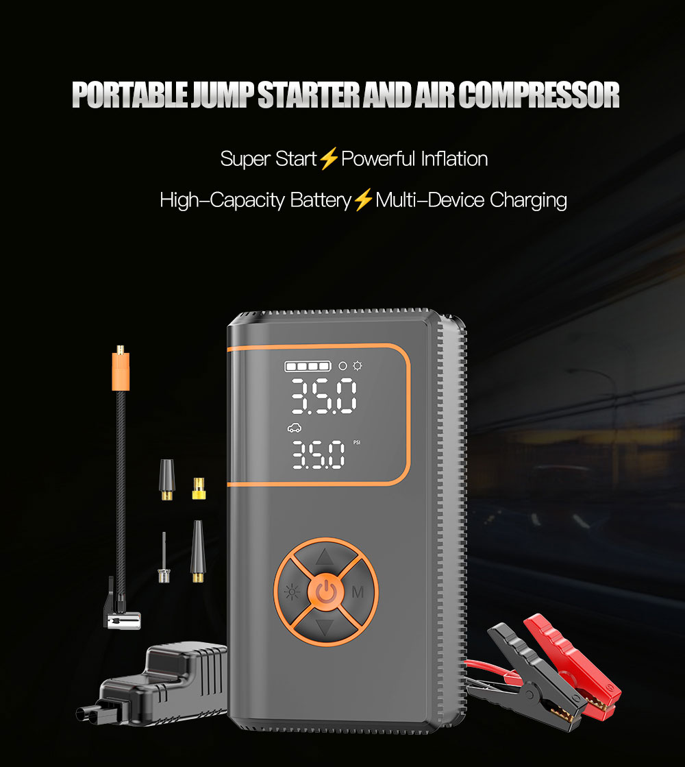 12/24V Lithium Polymer 1200A Jump Starter with SOS Light & Air Pump for Motorcycle Trucks