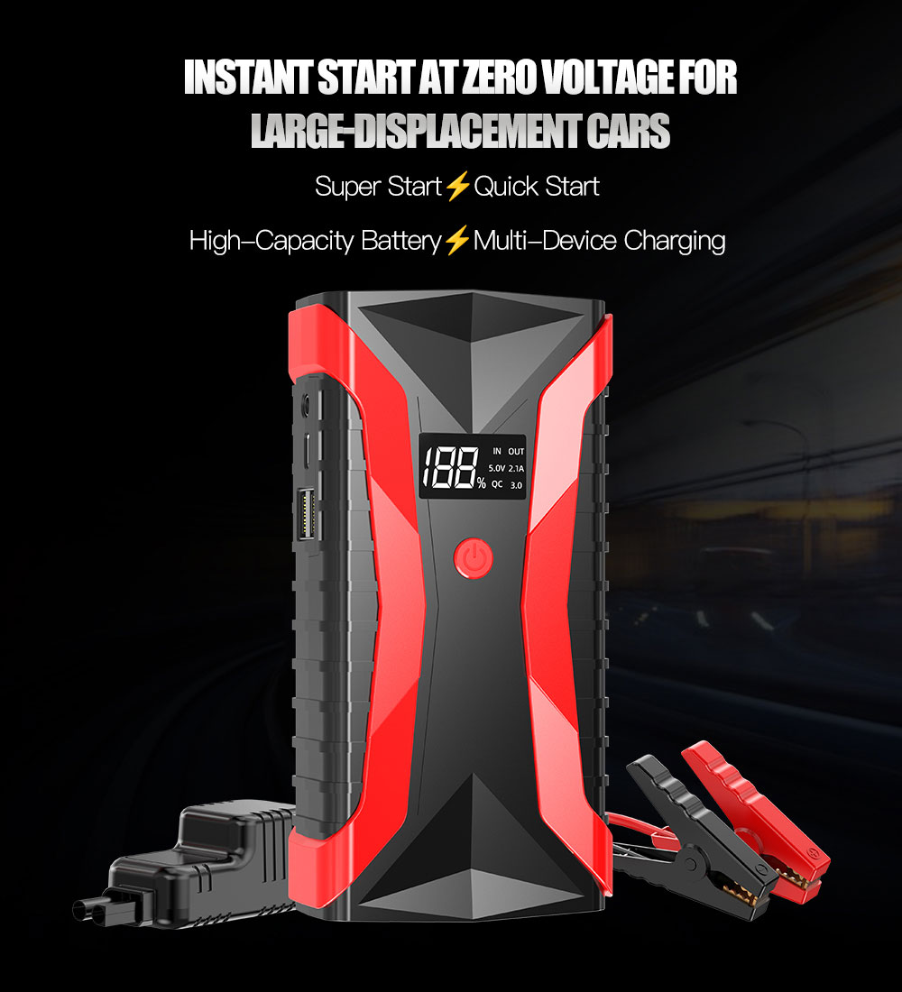1200A Smart Jump Starter 12V Portable Car/Motorcycle Battery Booster Display USB-C Power Jumper Cables Lithium Polymer Battery