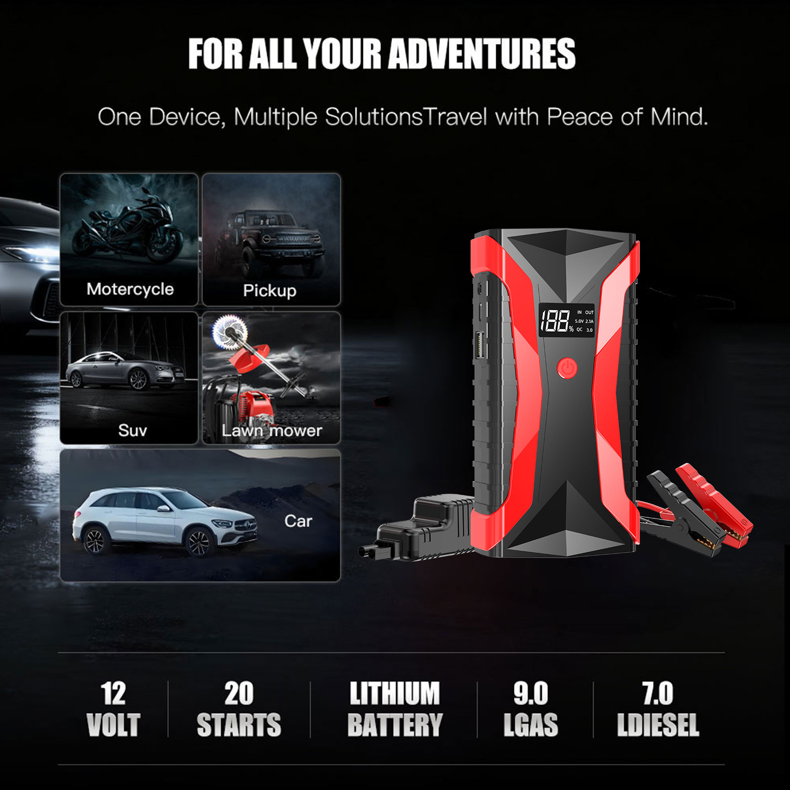 1200A Smart Jump Starter 12V Portable Car/Motorcycle Battery Booster Display USB-C Power Jumper Cables Lithium Polymer Battery