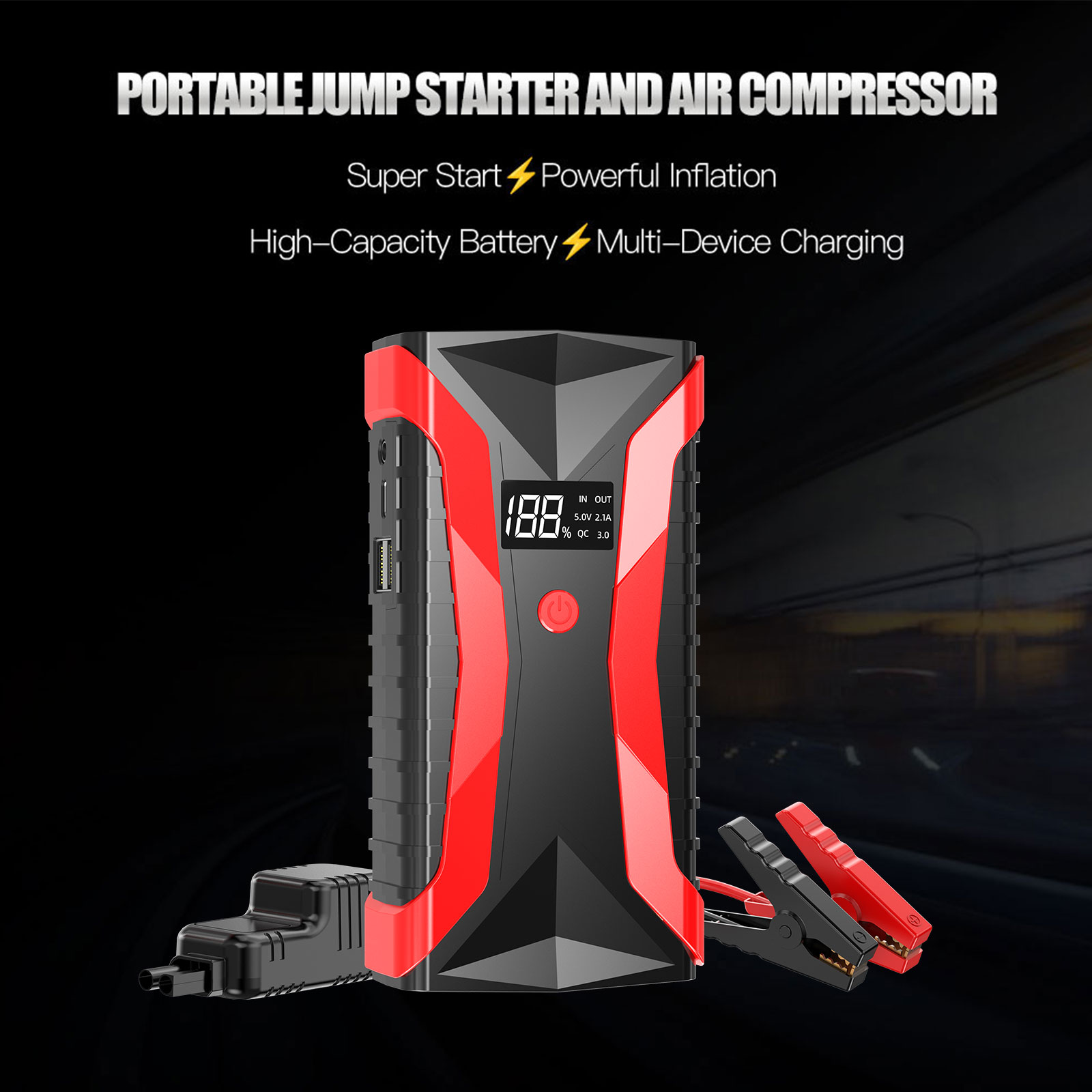 1200A Smart Jump Starter 12V Portable Car/Motorcycle Battery Booster Display USB-C Power Jumper Cables Lithium Polymer Battery