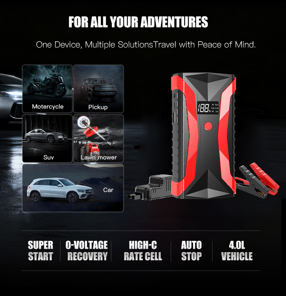 1200A Smart Jump Starter 12V Portable Car/Motorcycle Battery Booster Display USB-C Power Jumper Cables Lithium Polymer Battery