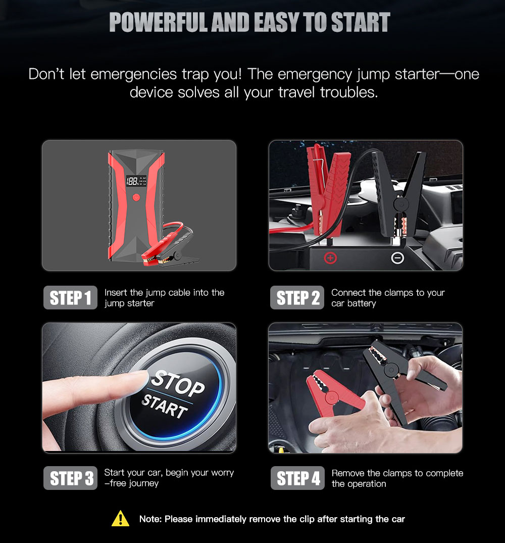 1200A Smart Jump Starter 12V Portable Car/Motorcycle Battery Booster Display USB-C Power Jumper Cables Lithium Polymer Battery