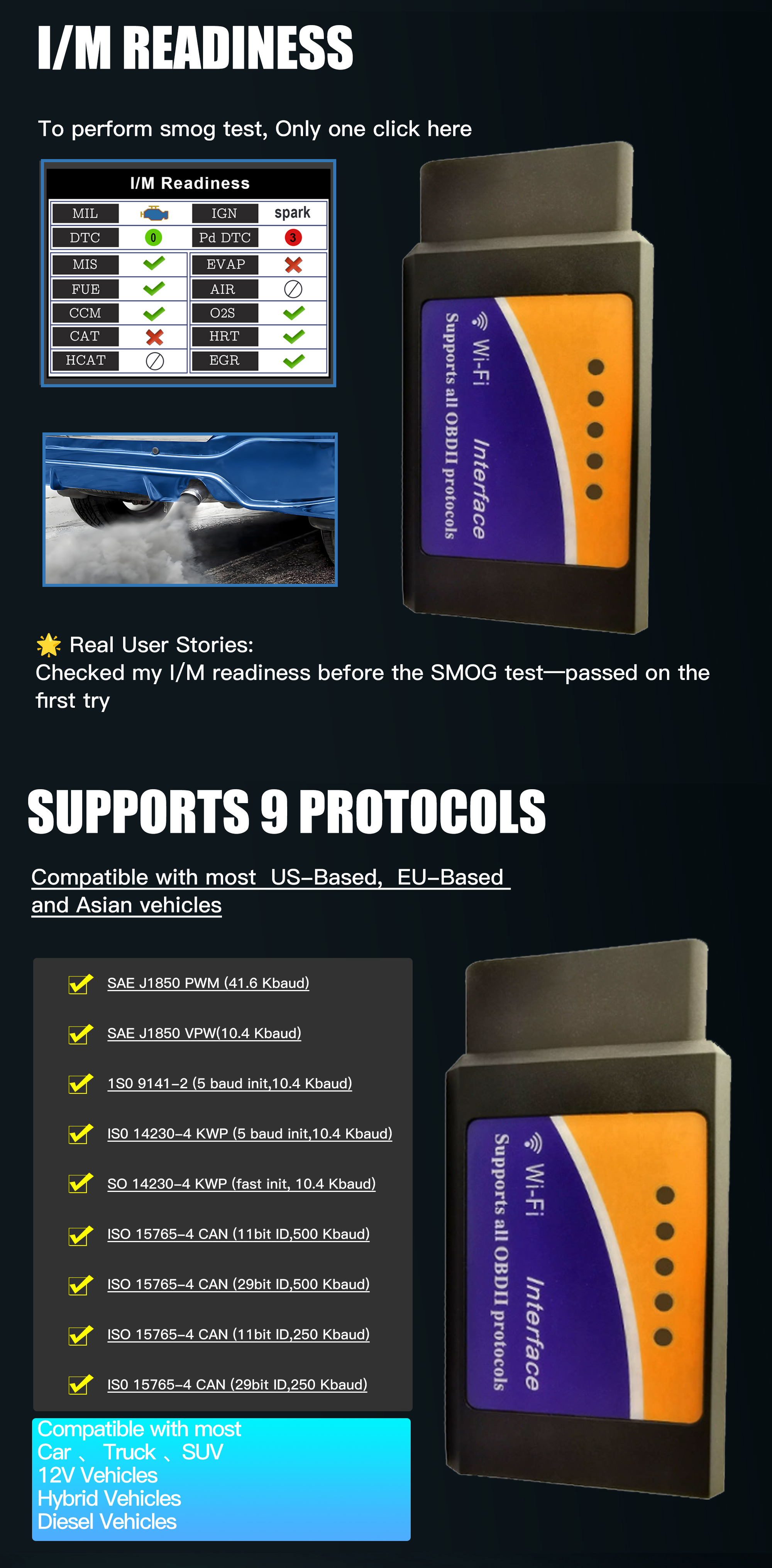 ACETOP 12V Car Diagnostic Scanner-OBD2 Scanner Car Fault Code Reader OBDII Diagnostic Tester Full OBD2 Functions WiFi Scan Tool