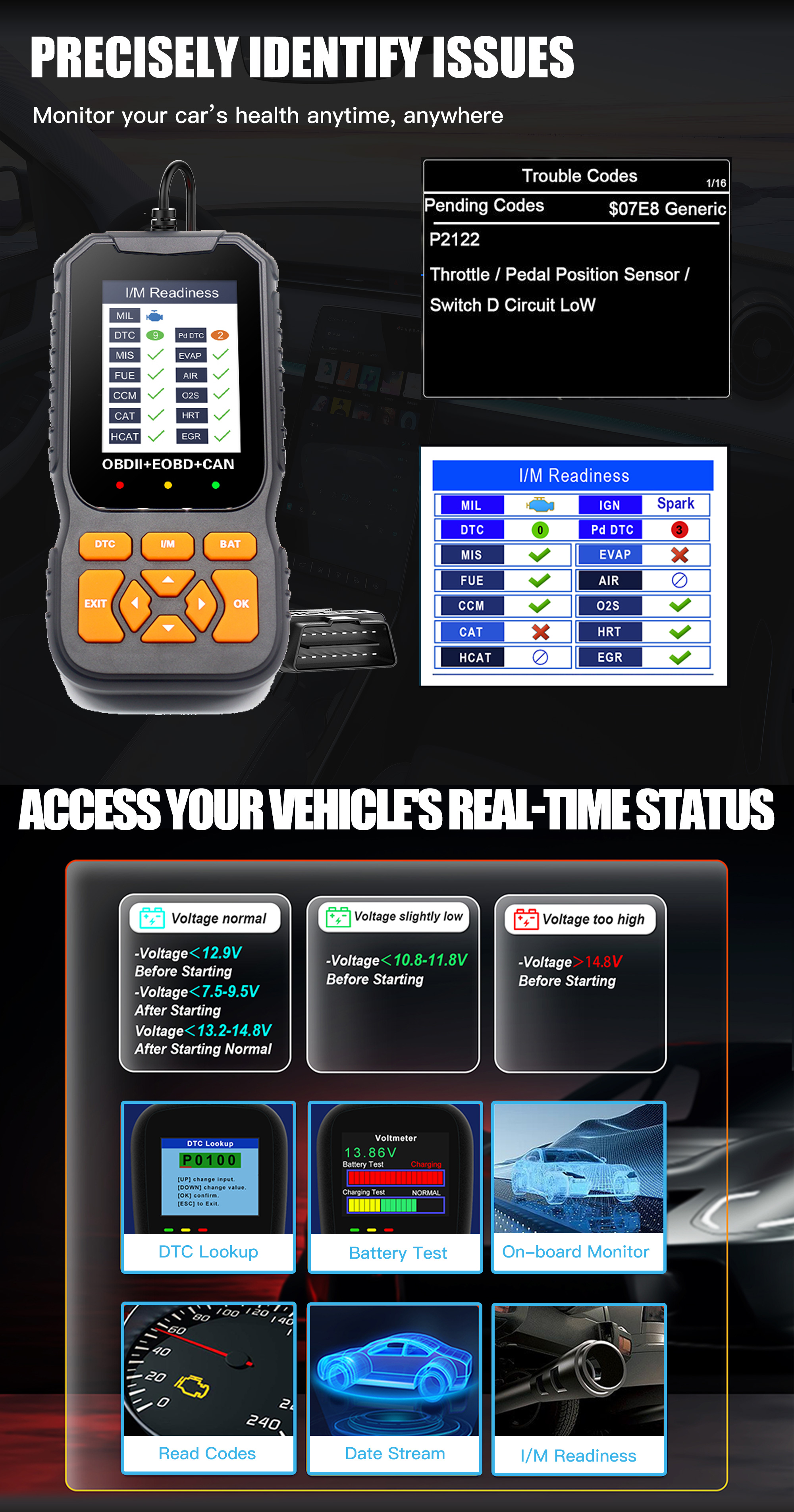 OBD2 Scanner Diagnostic Tool Vehicle Check Engine Code Reader Battery Test I/M Readiness 1 Year Universal Automotive Diagnostic