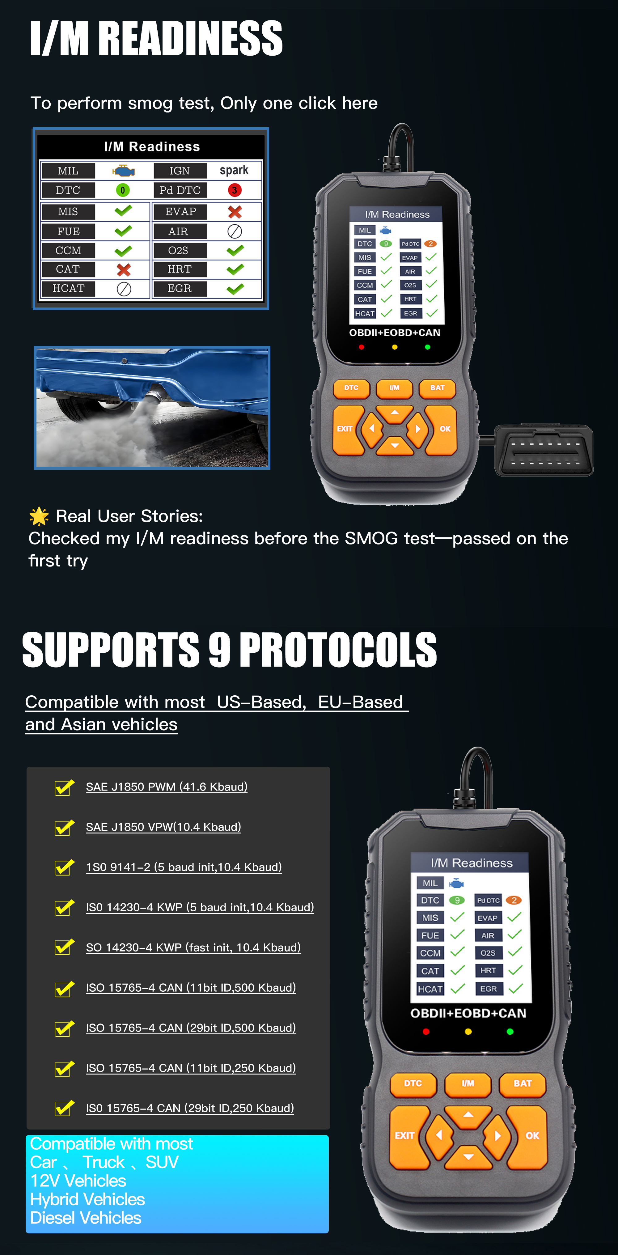 OBD2 Scanner Diagnostic Tool Vehicle Check Engine Code Reader Battery Test I/M Readiness 1 Year Universal Automotive Diagnostic