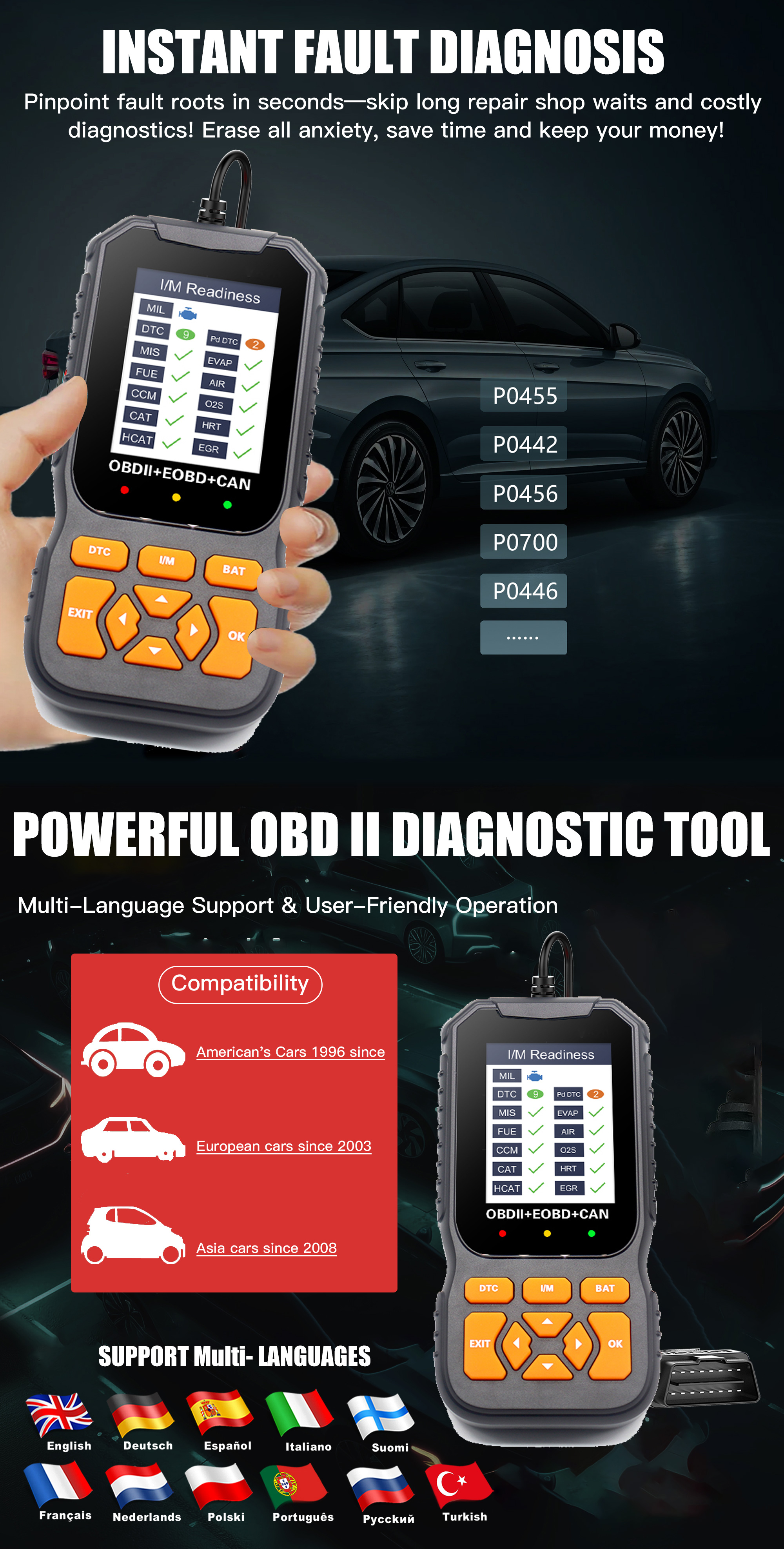 OBD2 Scanner Diagnostic Tool Vehicle Check Engine Code Reader Battery Test I/M Readiness 1 Year Universal Automotive Diagnostic