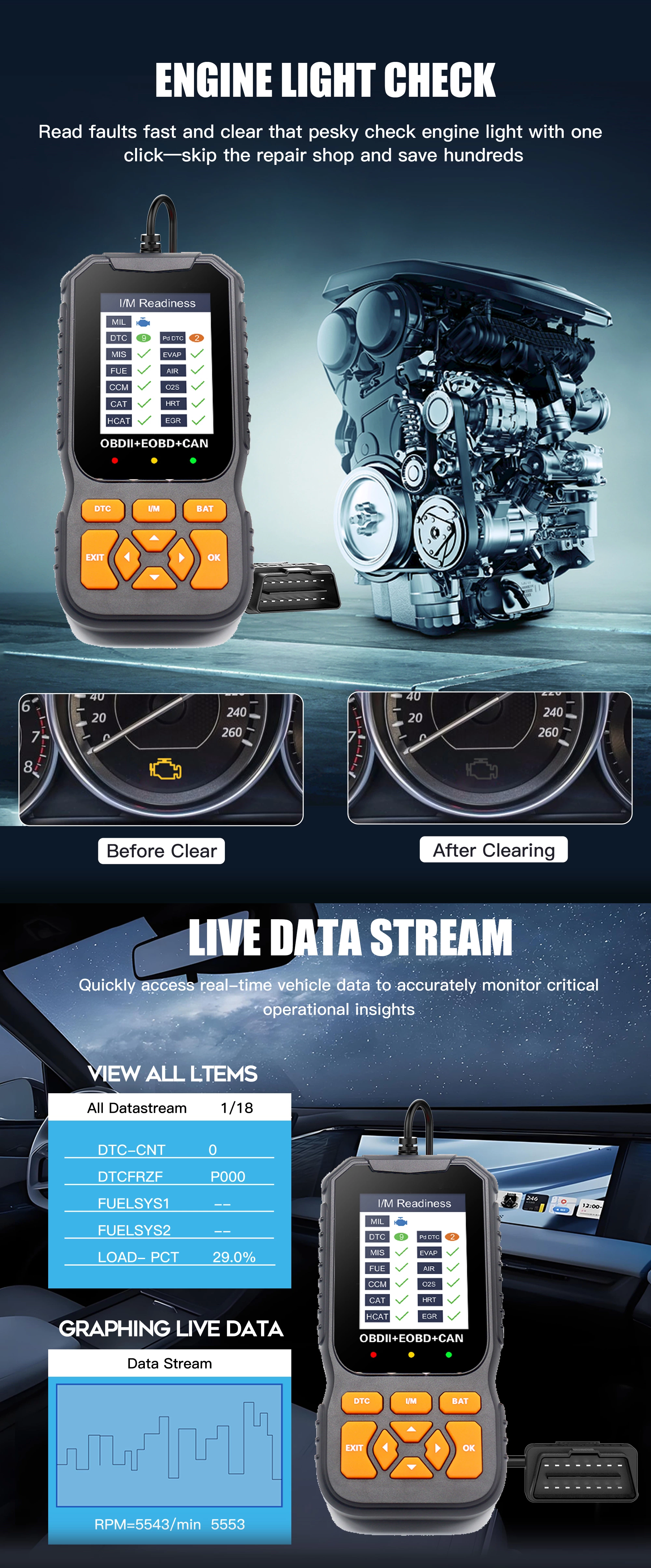 OBD2 Scanner Diagnostic Tool Vehicle Check Engine Code Reader Battery Test I/M Readiness 1 Year Universal Automotive Diagnostic