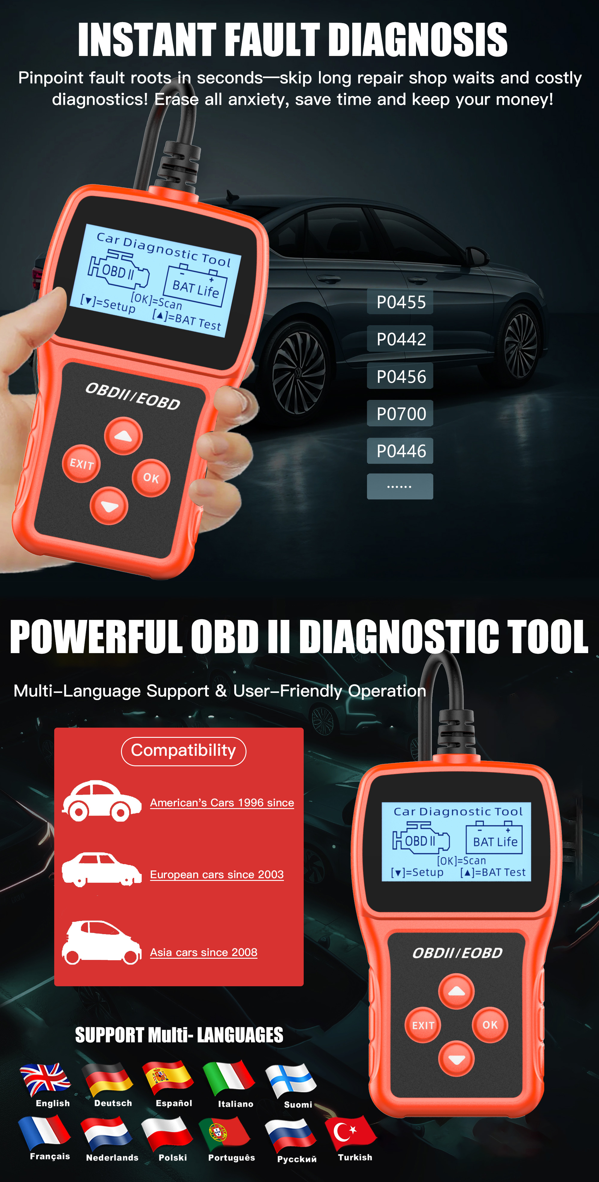 Advanced Auto OBD2 Scanner, Full System Cars OBD 2 Diagnostic Tool for Reading/Clearing Codes, Reset Engine Light, Car OBDii