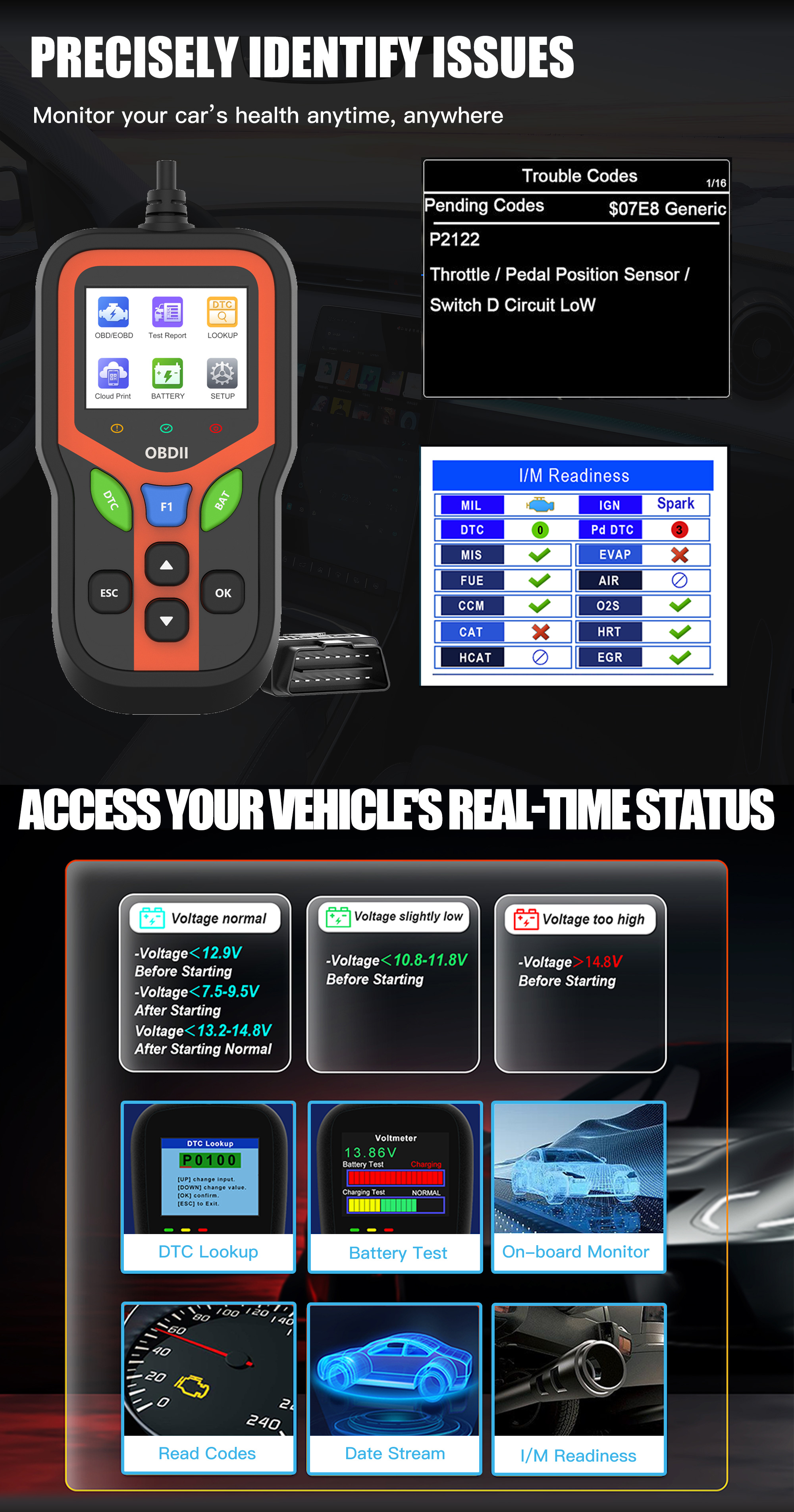 Professional OBD2 Scanner Diagnostic Tool-Check Engine Light Clear Codes Battery Test 1 Year 2.4" Color Display for All Cars