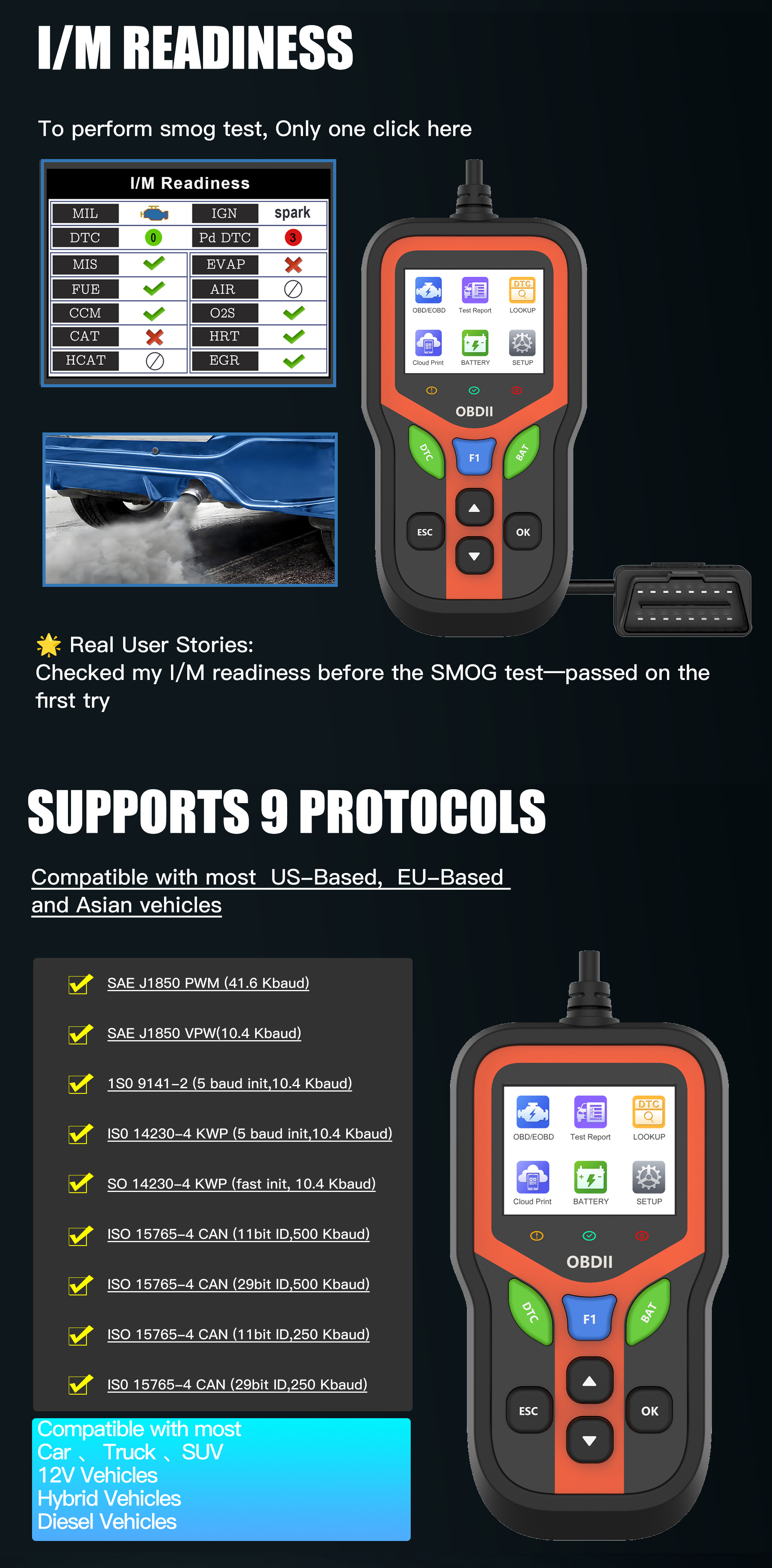 Professional OBD2 Scanner Diagnostic Tool-Check Engine Light Clear Codes Battery Test 1 Year 2.4" Color Display for All Cars