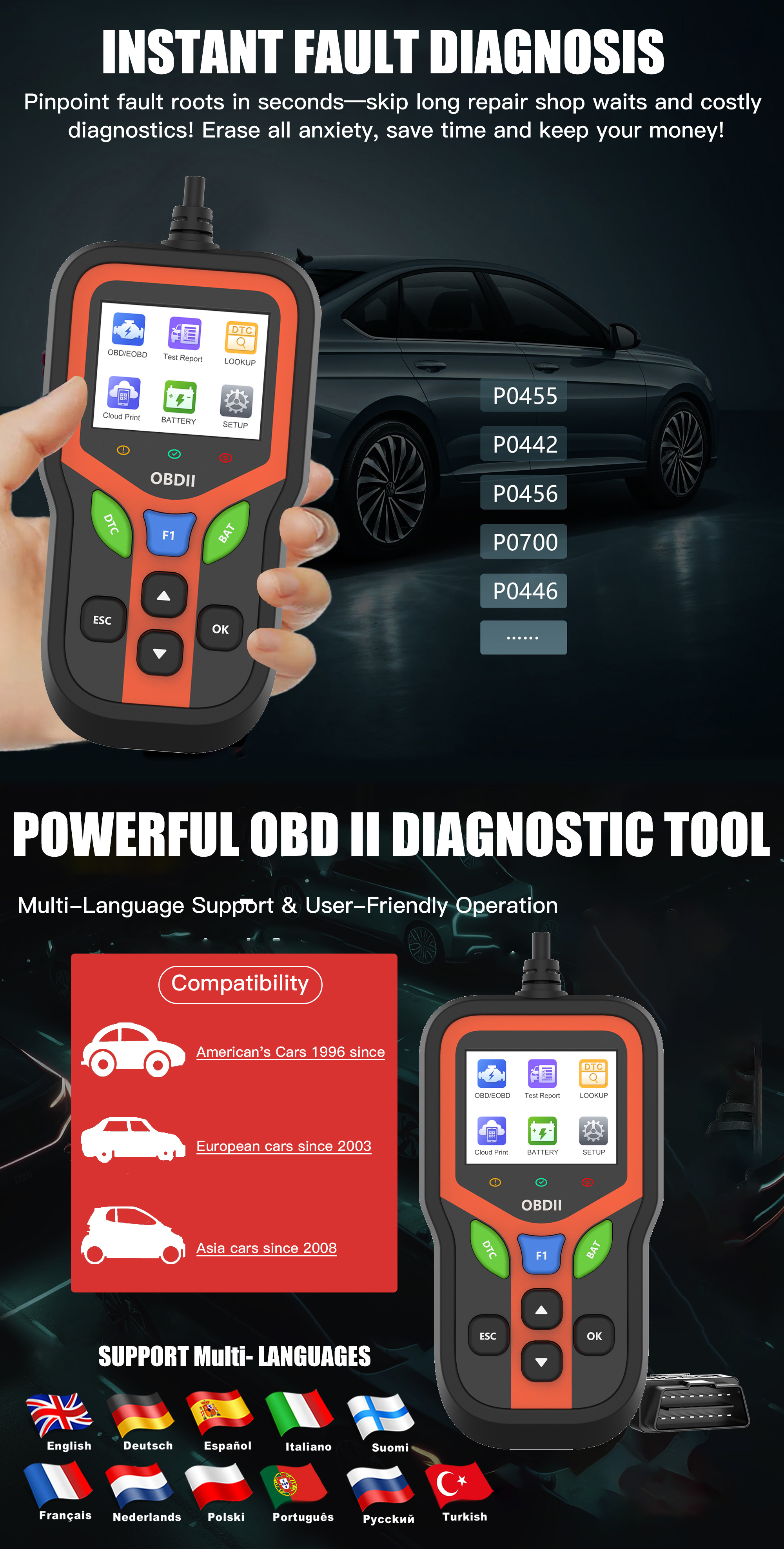 Professional OBD2 Scanner Diagnostic Tool-Check Engine Light Clear Codes Battery Test 1 Year 2.4" Color Display for All Cars