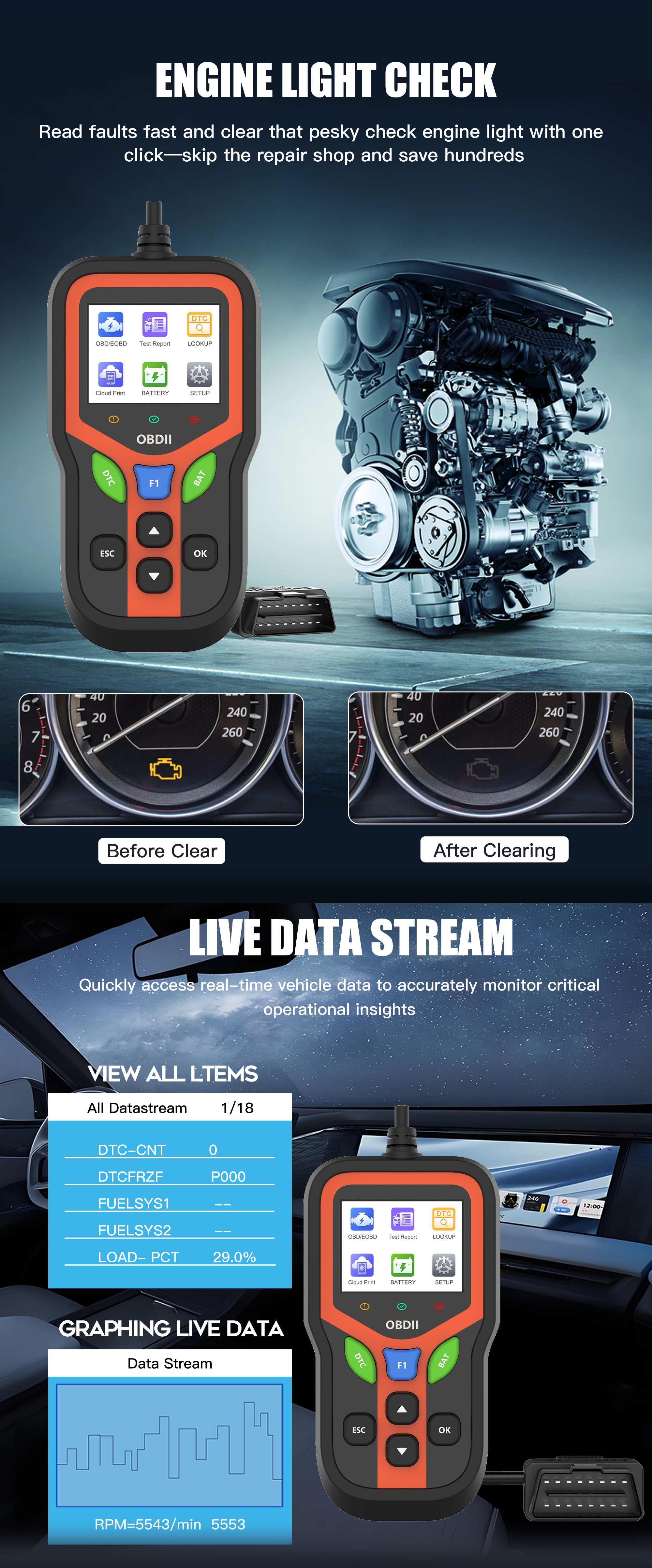 Professional OBD2 Scanner Diagnostic Tool-Check Engine Light Clear Codes Battery Test 1 Year 2.4" Color Display for All Cars