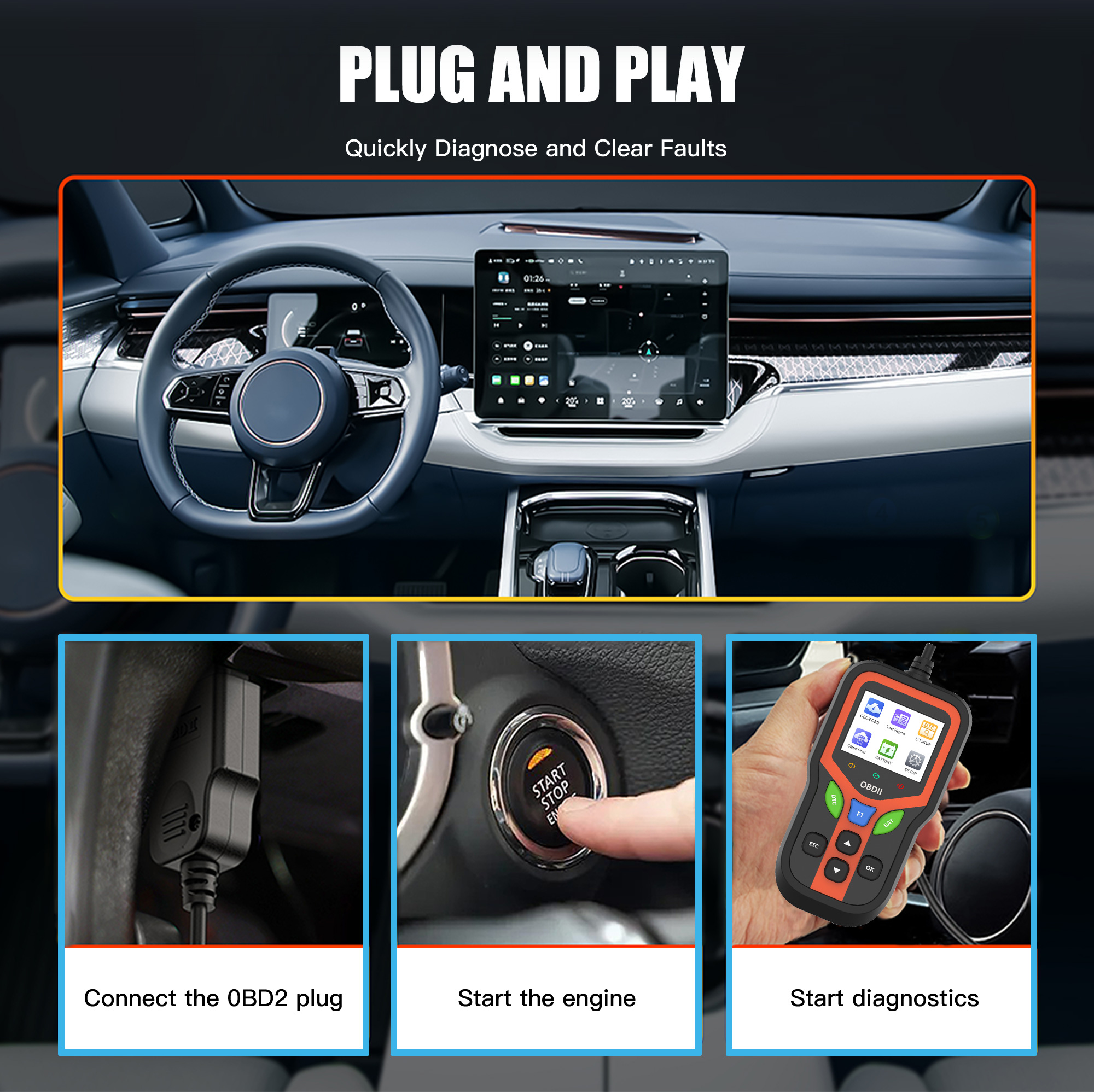 Professional OBD2 Scanner Diagnostic Tool-Check Engine Light Clear Codes Battery Test 1 Year 2.4" Color Display for All Cars