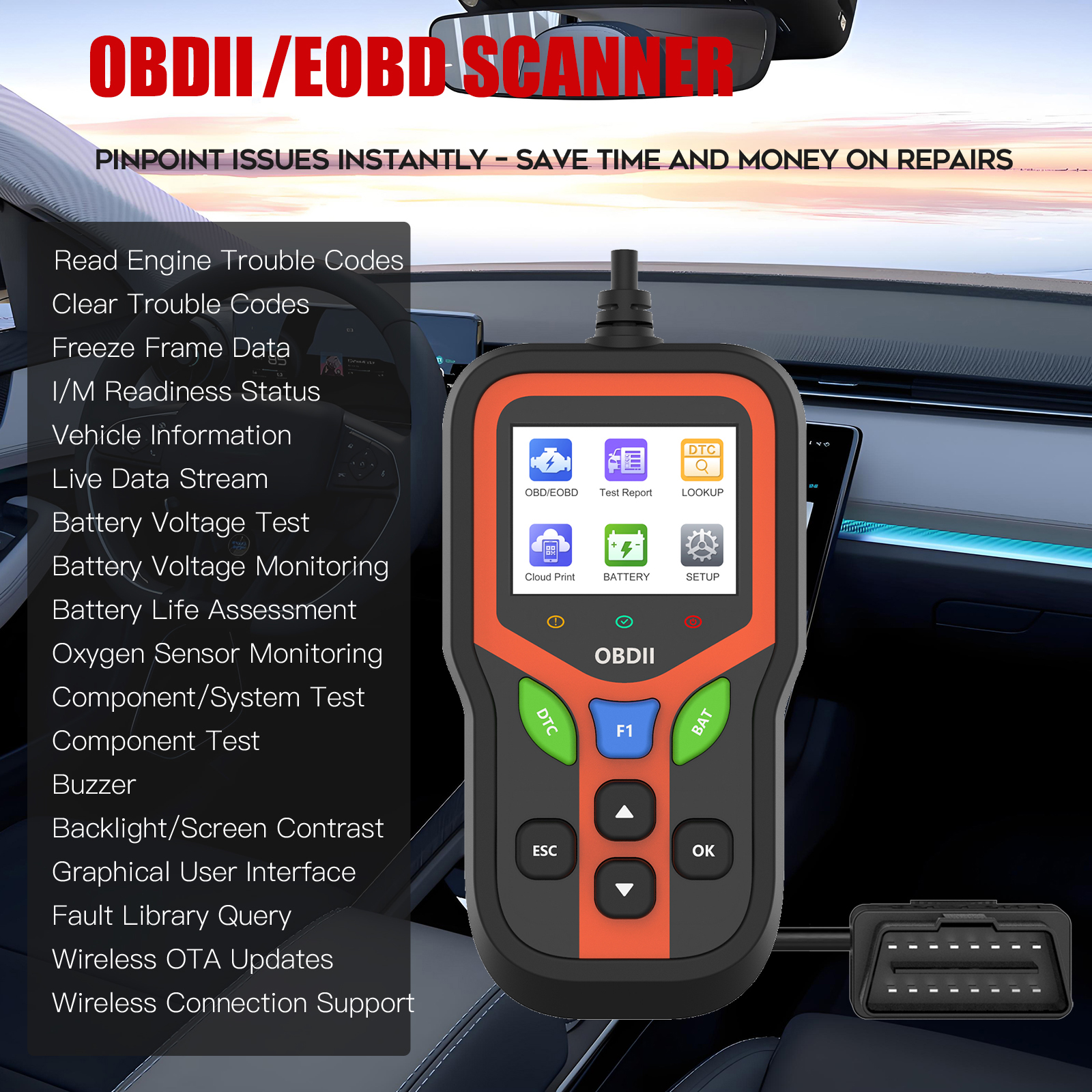 Professional OBD2 Scanner Diagnostic Tool-Check Engine Light Clear Codes Battery Test 1 Year 2.4" Color Display for All Cars