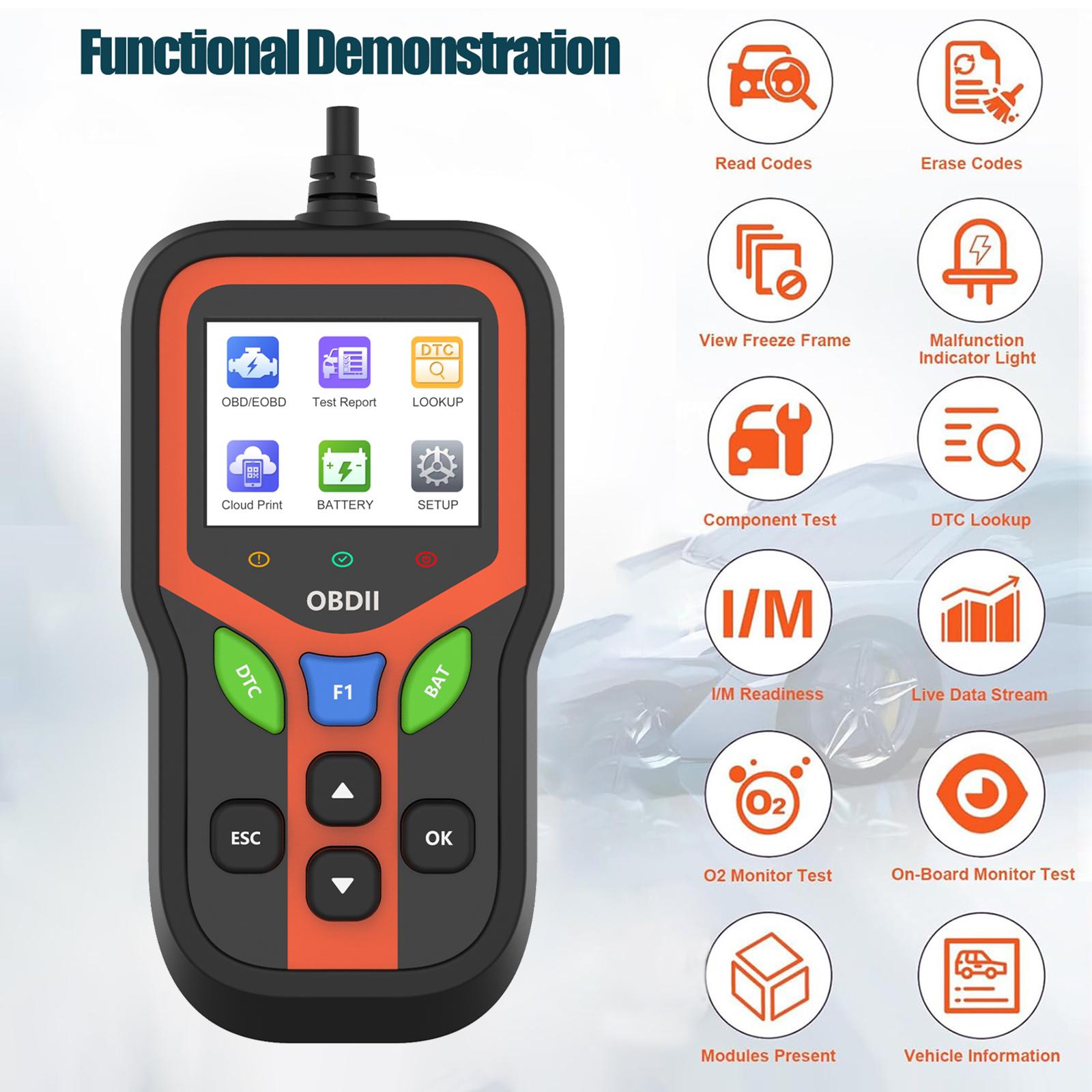 Professional OBD2 Scanner Diagnostic Tool-Check Engine Light Clear Codes Battery Test 1 Year 2.4" Color Display for All Cars