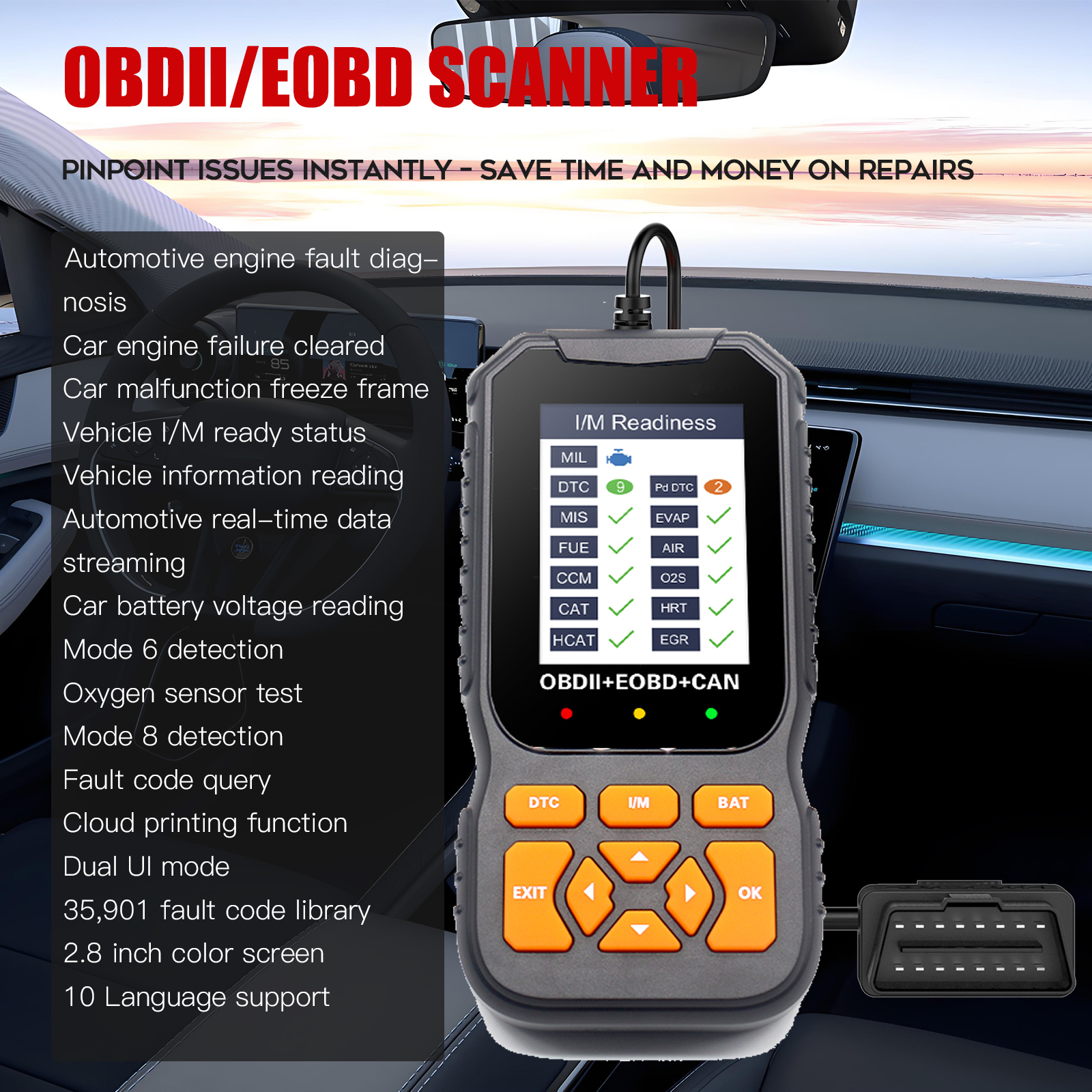 OBD2 Scanner Diagnostic Tool Vehicle Check Engine Code Reader Battery Test I/M Readiness 1 Year Universal Automotive Diagnostic