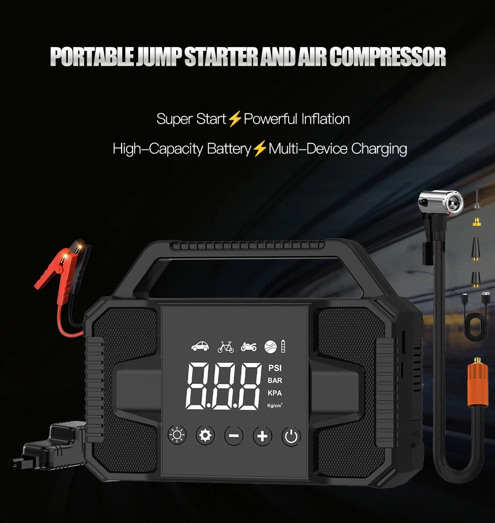 1200A Peak Current Truck Motorcycle Jump Starter Inflator Air Pump 8000mAh 60C Lithium Polymer Battery 12-24V