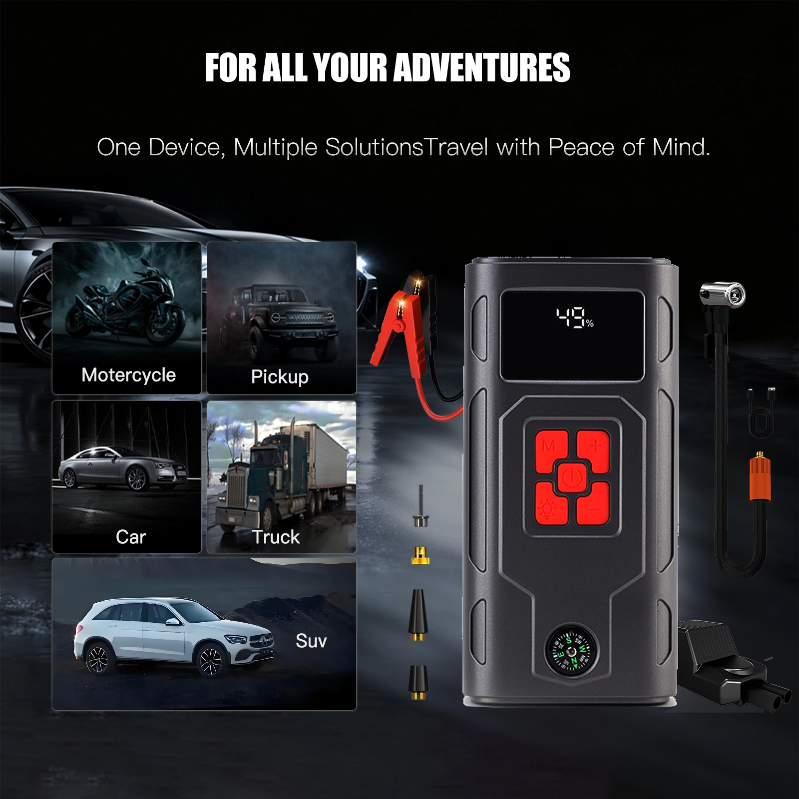 Jump Starter & Tire Inflator 150PSI 45W 8000mAh Lithium Polymer Air Compressor SOS Light Auto Shut-Off for Car Motorcycle Truck