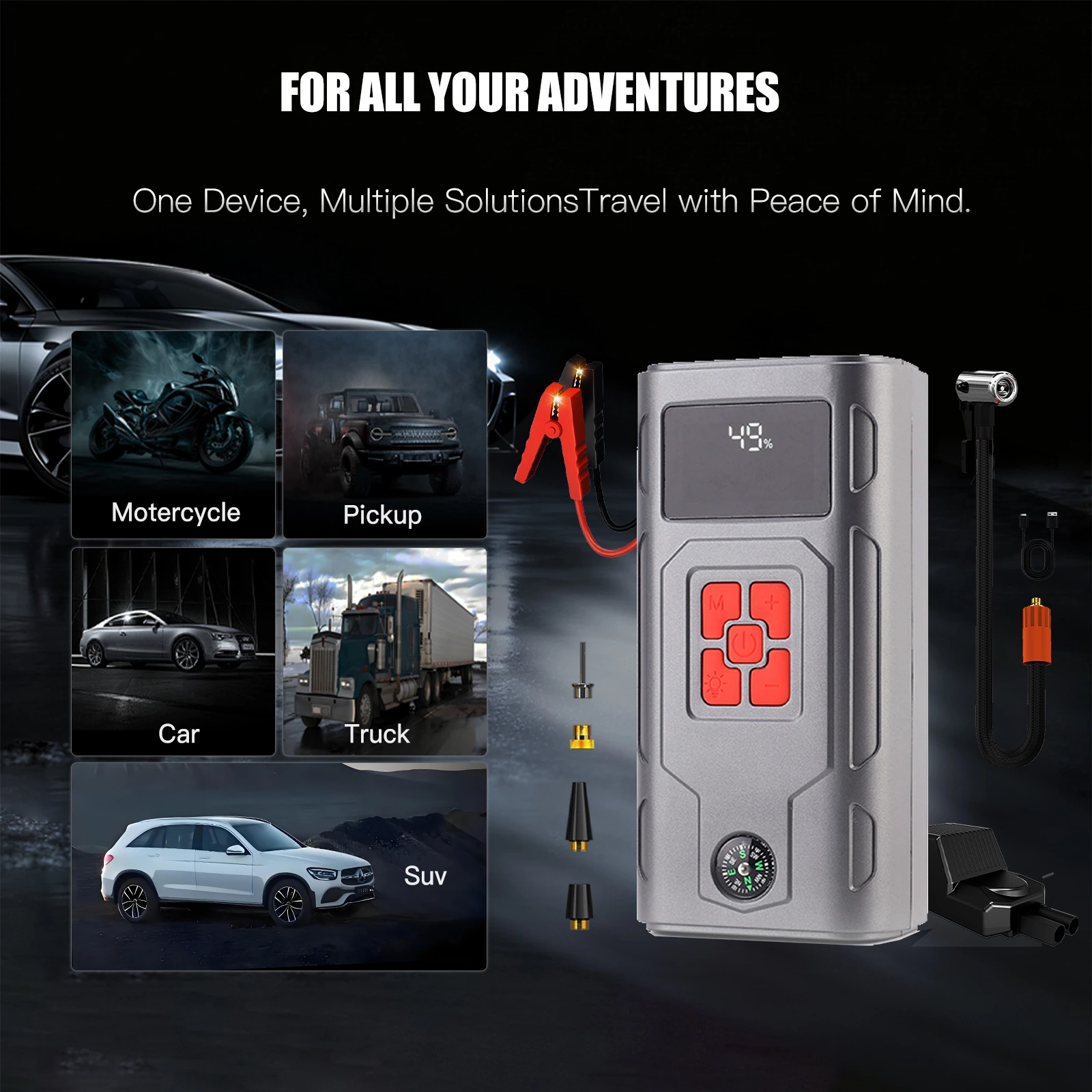 800A-2000A Lithium Polymer Jump Starter 150PSI Air Compressor 12V Motorcycle/Car Battery Booster 12000mAh Portable Tire Inflator